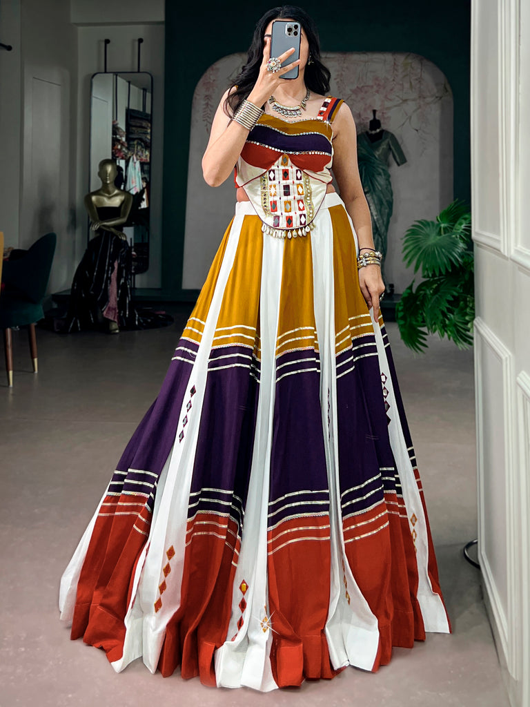 Striking White Mirror Work Rayon Navratri Special Lehenga Choli
