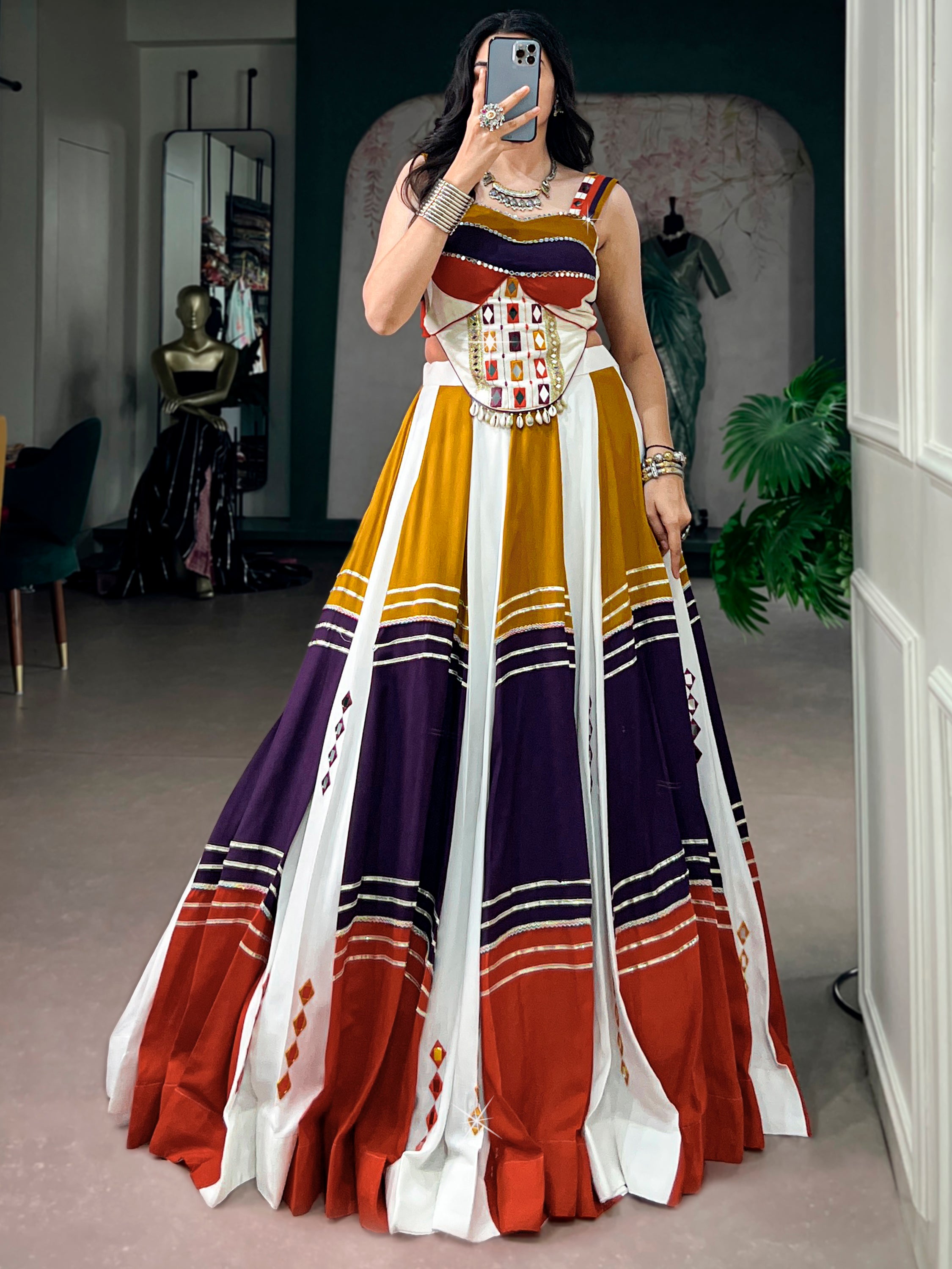 Striking White Mirror Work Rayon Navratri Special Lehenga Choli