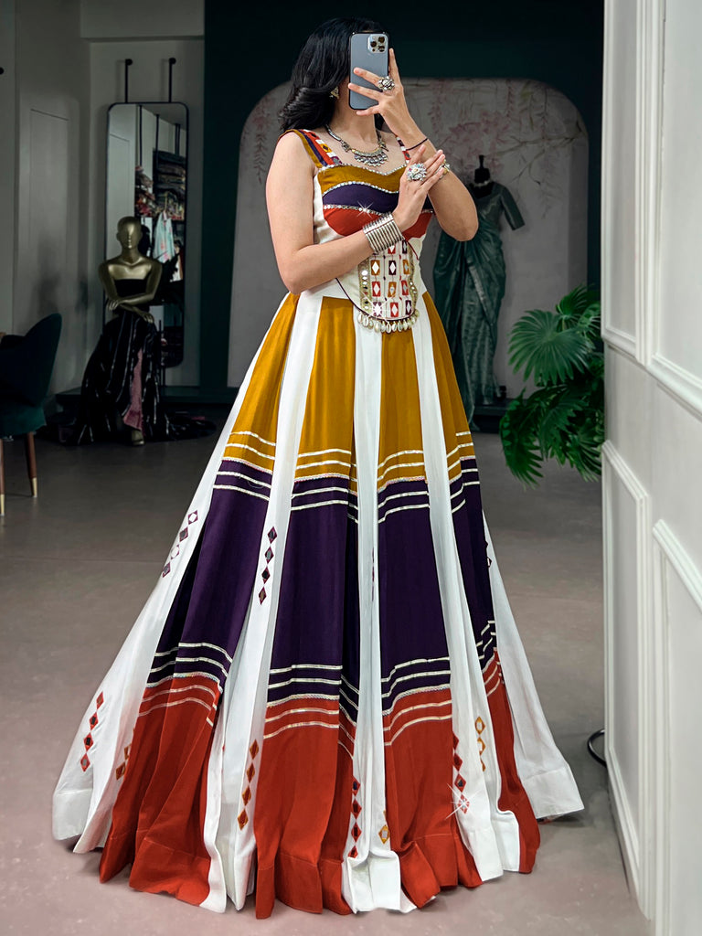 Striking White Mirror Work Rayon Navratri Special Lehenga Choli