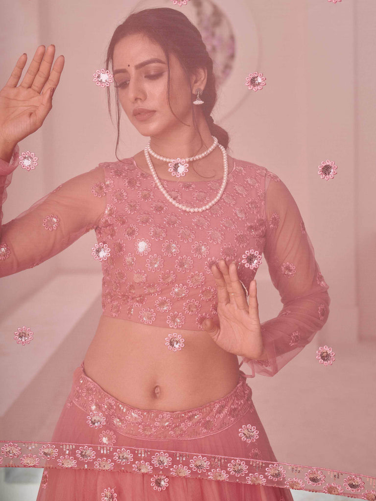 Timeless Dusty Pink Net Floral Sequins Party Wear Lehenga Choli
