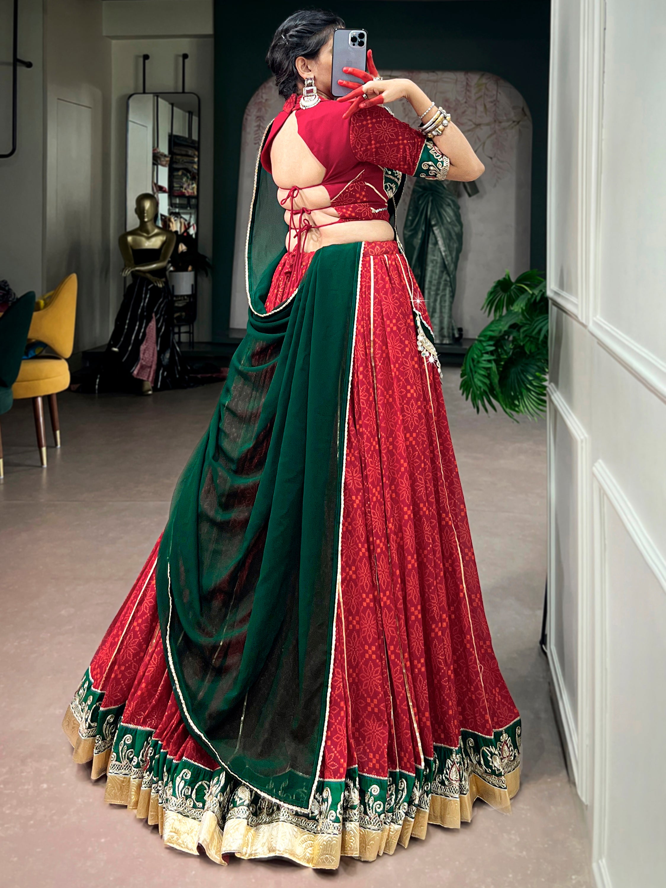 Pretty Red Bandhani Printed Georgette Navratri Lehenga Choli With Dupatta