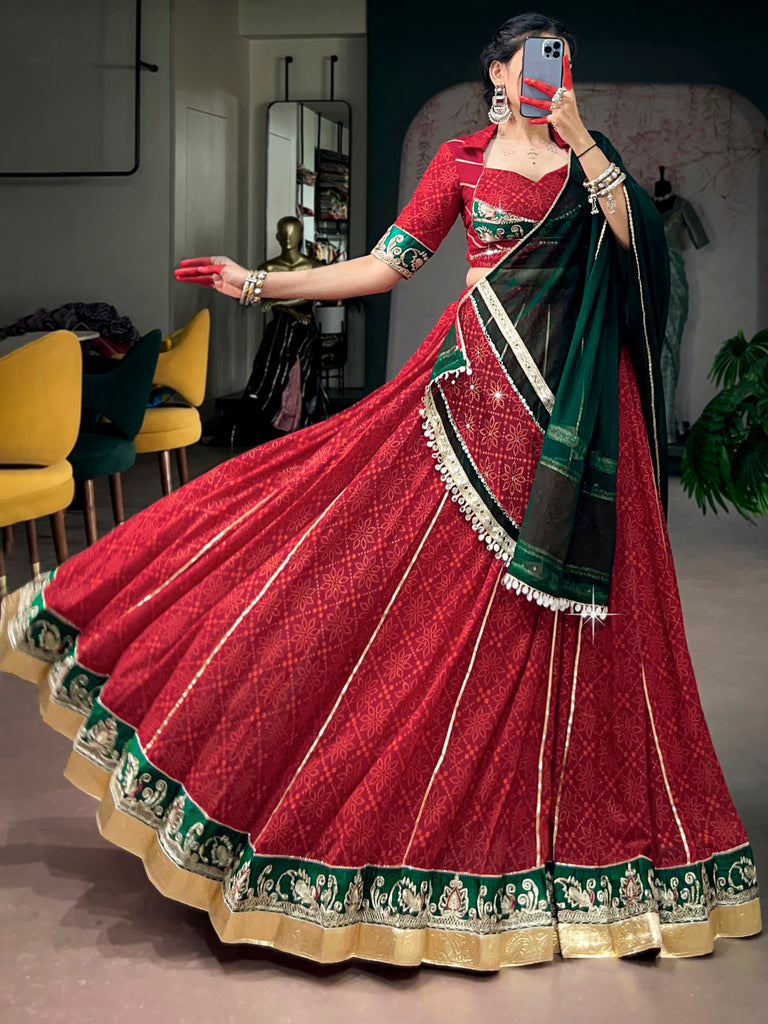 Pretty Red Bandhani Printed Georgette Navratri Lehenga Choli With Dupatta