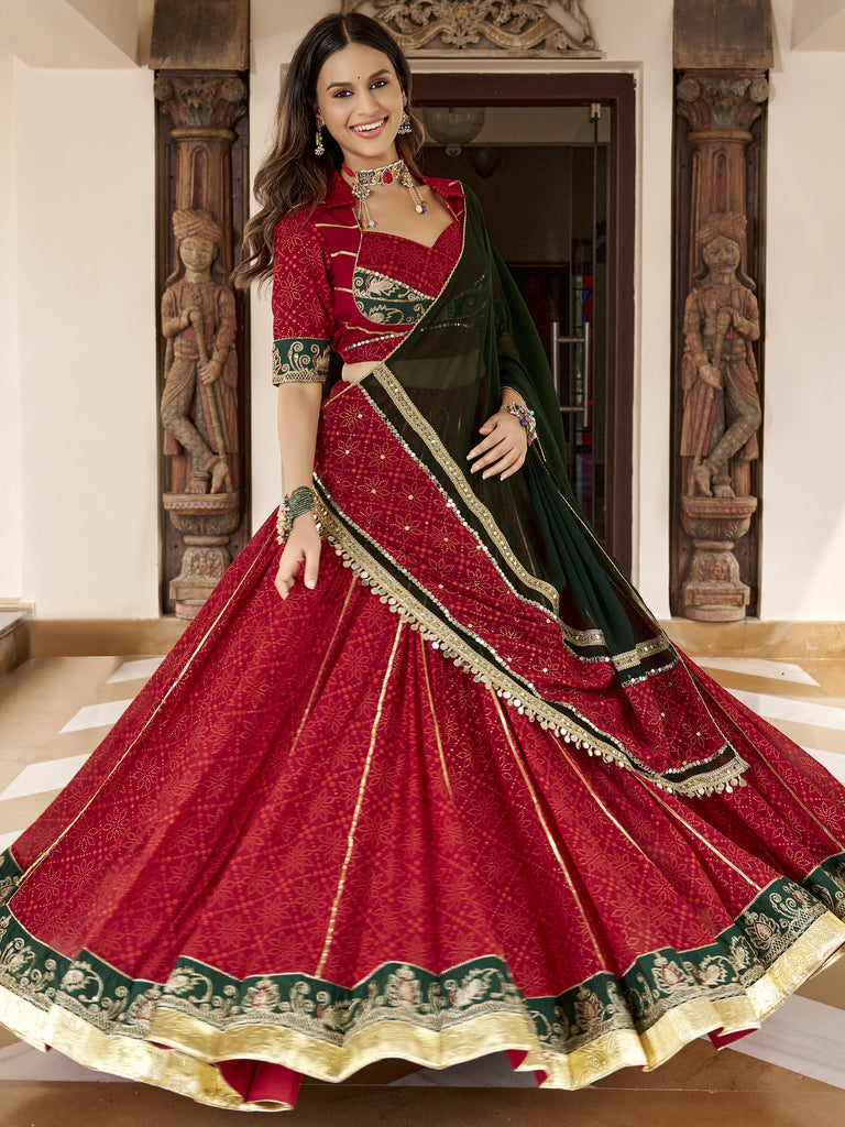 Fantastic Red Bandhej Printed Georgette Navratri Wear Lehenga Choli