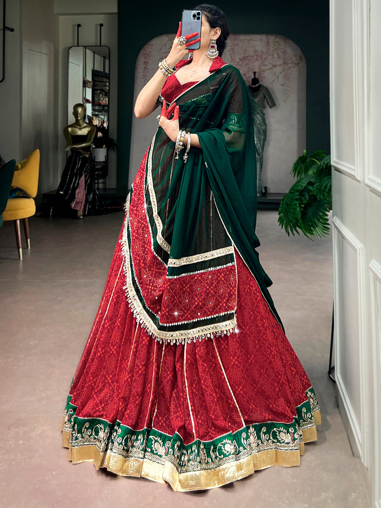 Pretty Red Bandhani Printed Georgette Navratri Lehenga Choli With Dupatta