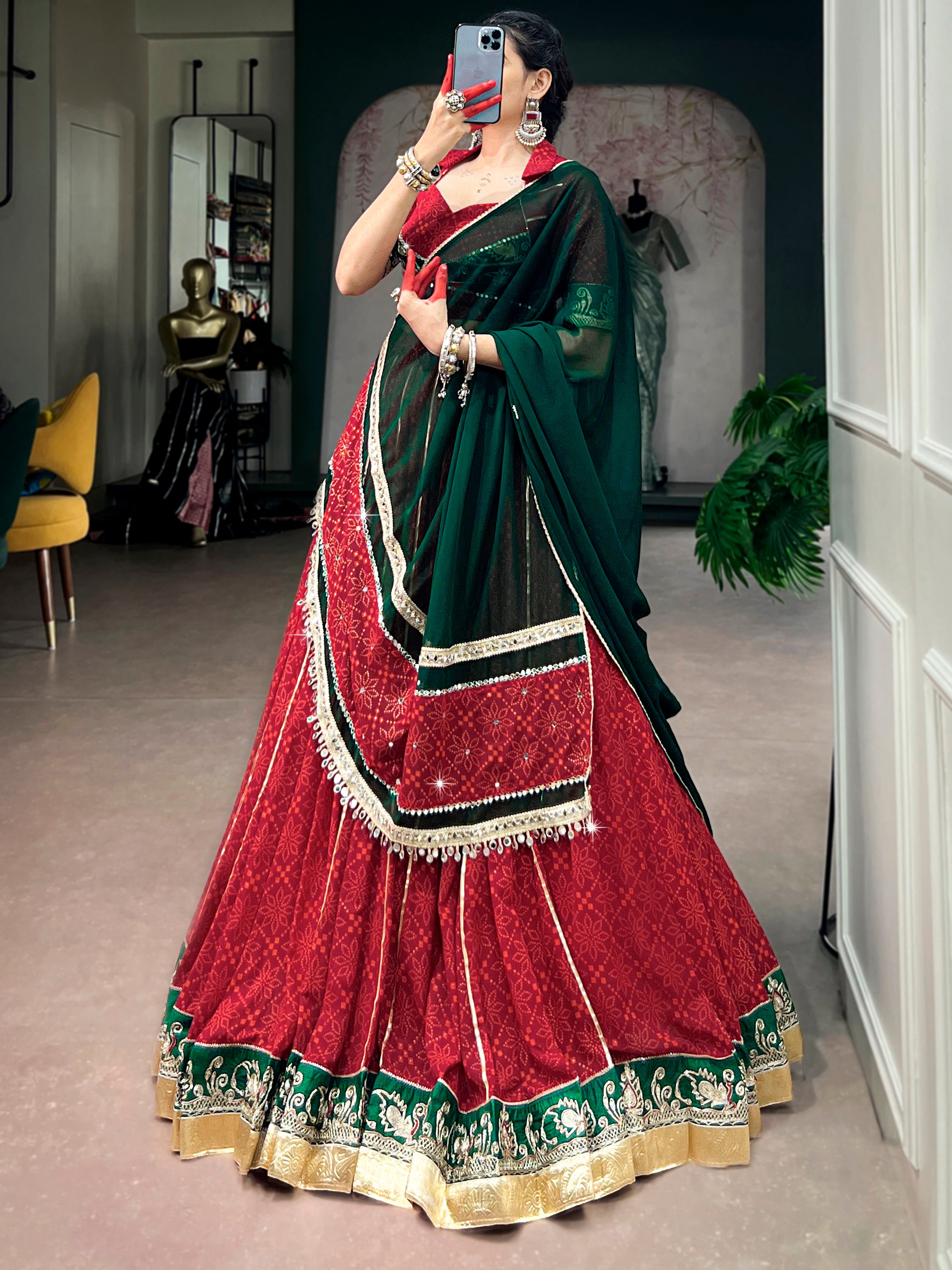 Pretty Red Bandhani Printed Georgette Navratri Lehenga Choli With Dupatta
