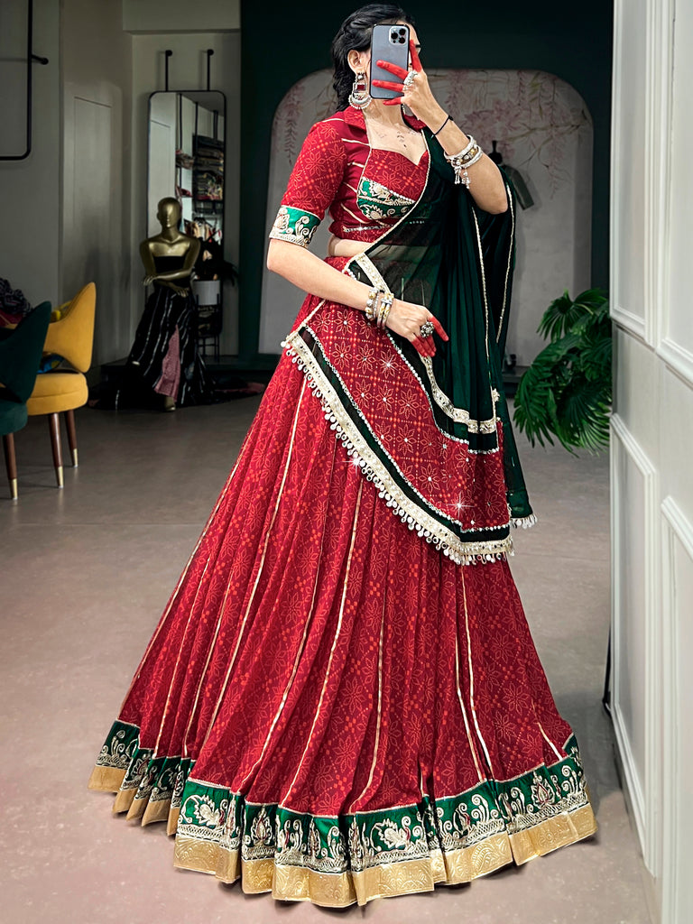 Pretty Red Bandhani Printed Georgette Navratri Lehenga Choli With Dupatta