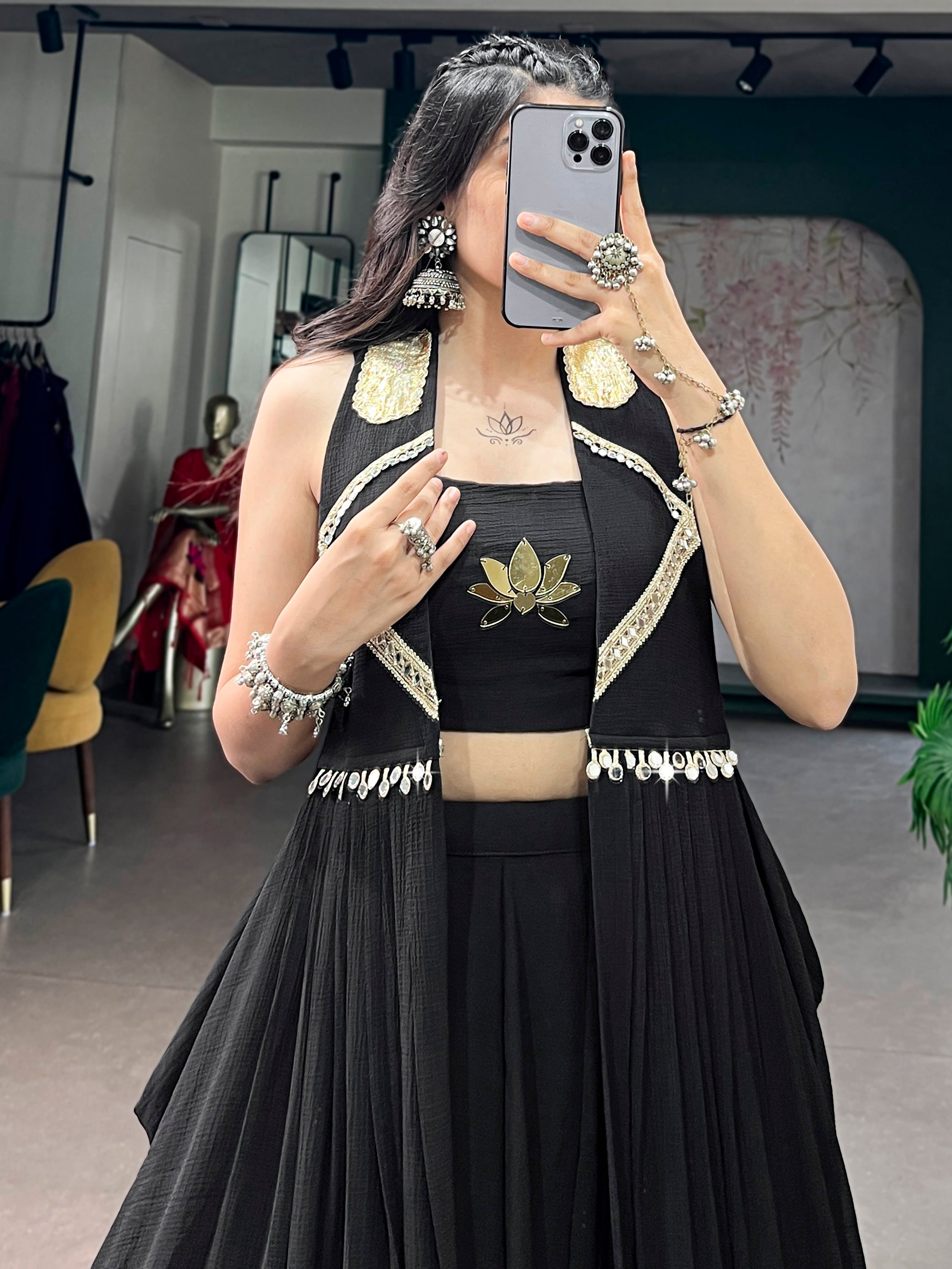 Regal Black Hand Work Chiffon Navratri Wear Lehenga Choli With Jacket