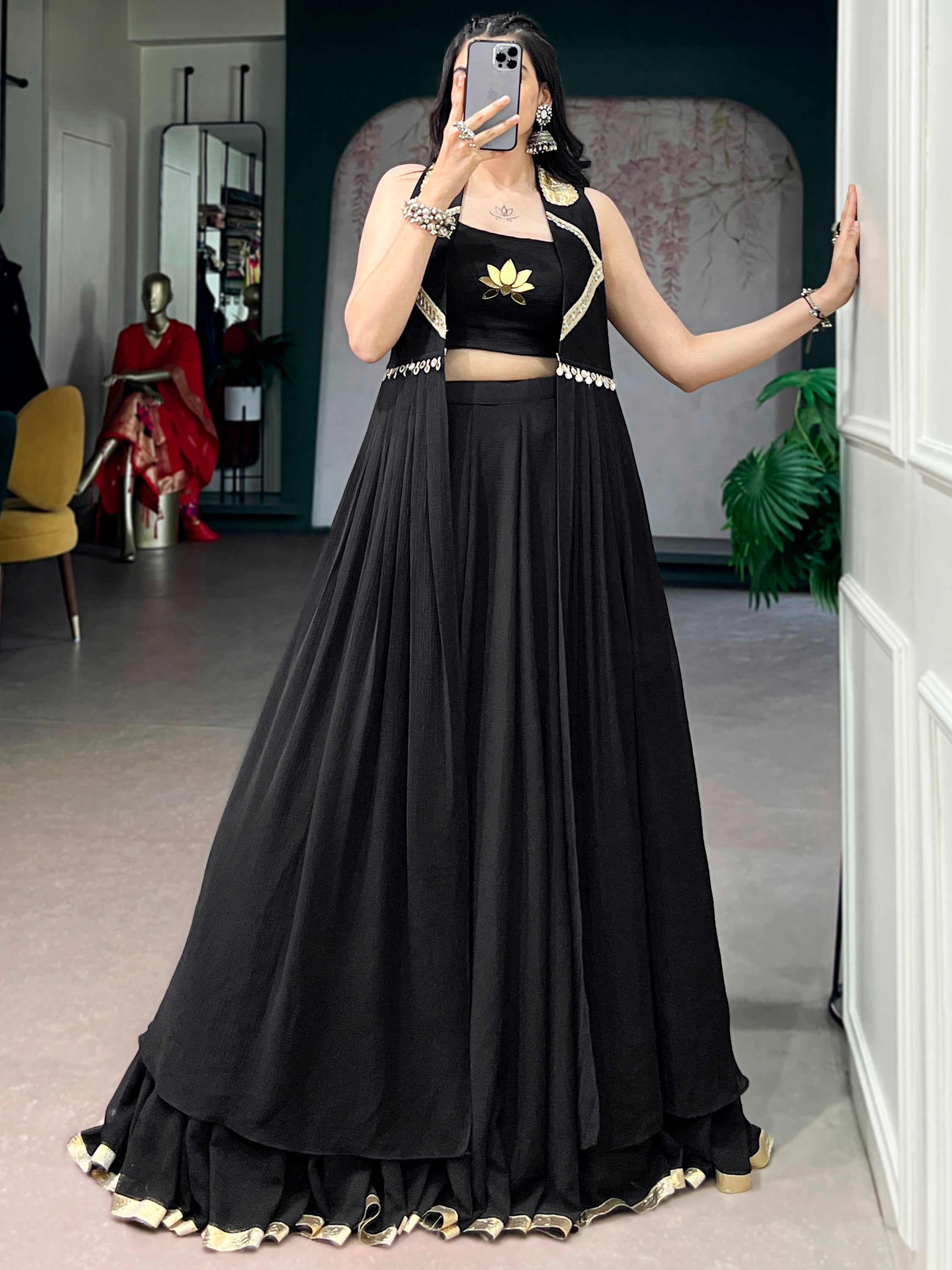 Regal Black Hand Work Chiffon Navratri Wear Lehenga Choli With Jacket