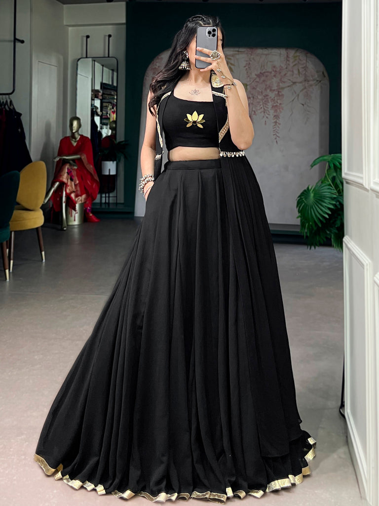 Regal Black Hand Work Chiffon Navratri Wear Lehenga Choli With Jacket