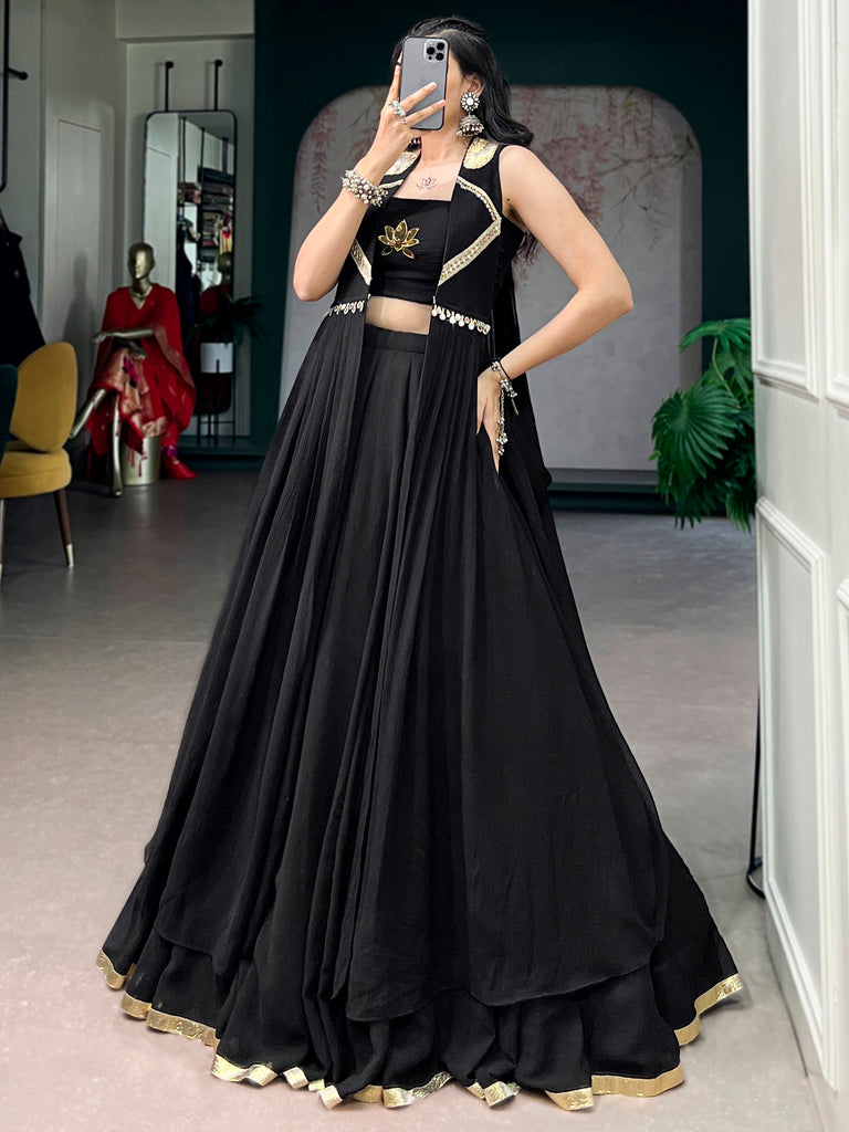 Regal Black Hand Work Chiffon Navratri Wear Lehenga Choli With Jacket
