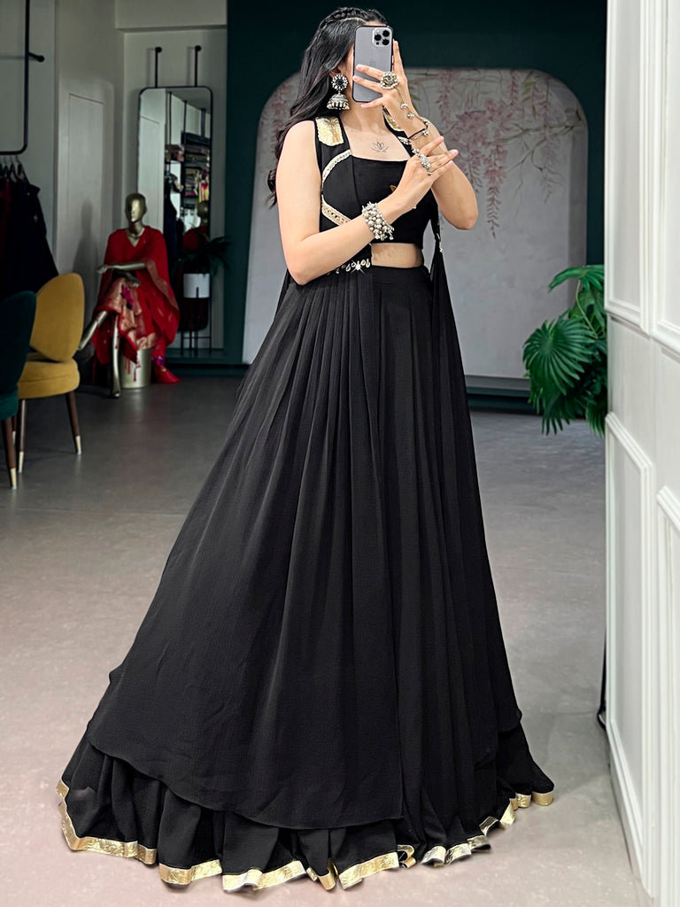 Regal Black Hand Work Chiffon Navratri Wear Lehenga Choli With Jacket