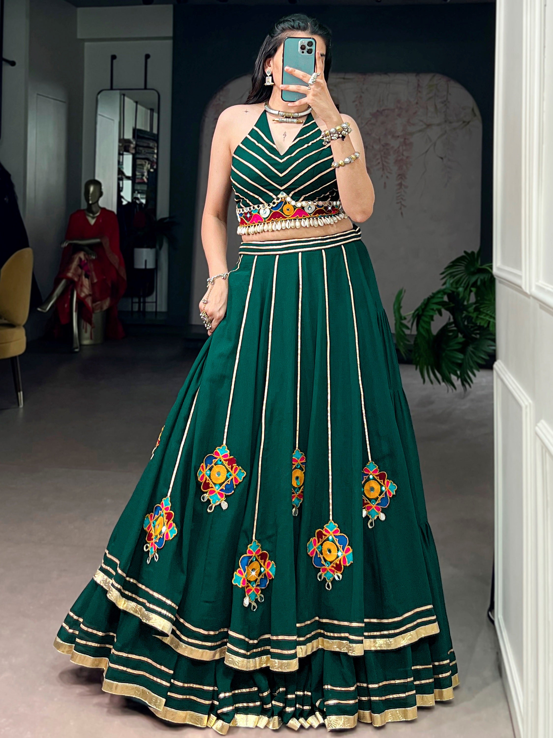 Awesome Green Gamthi Work Georgette Navratri Wear Lehenga Choli