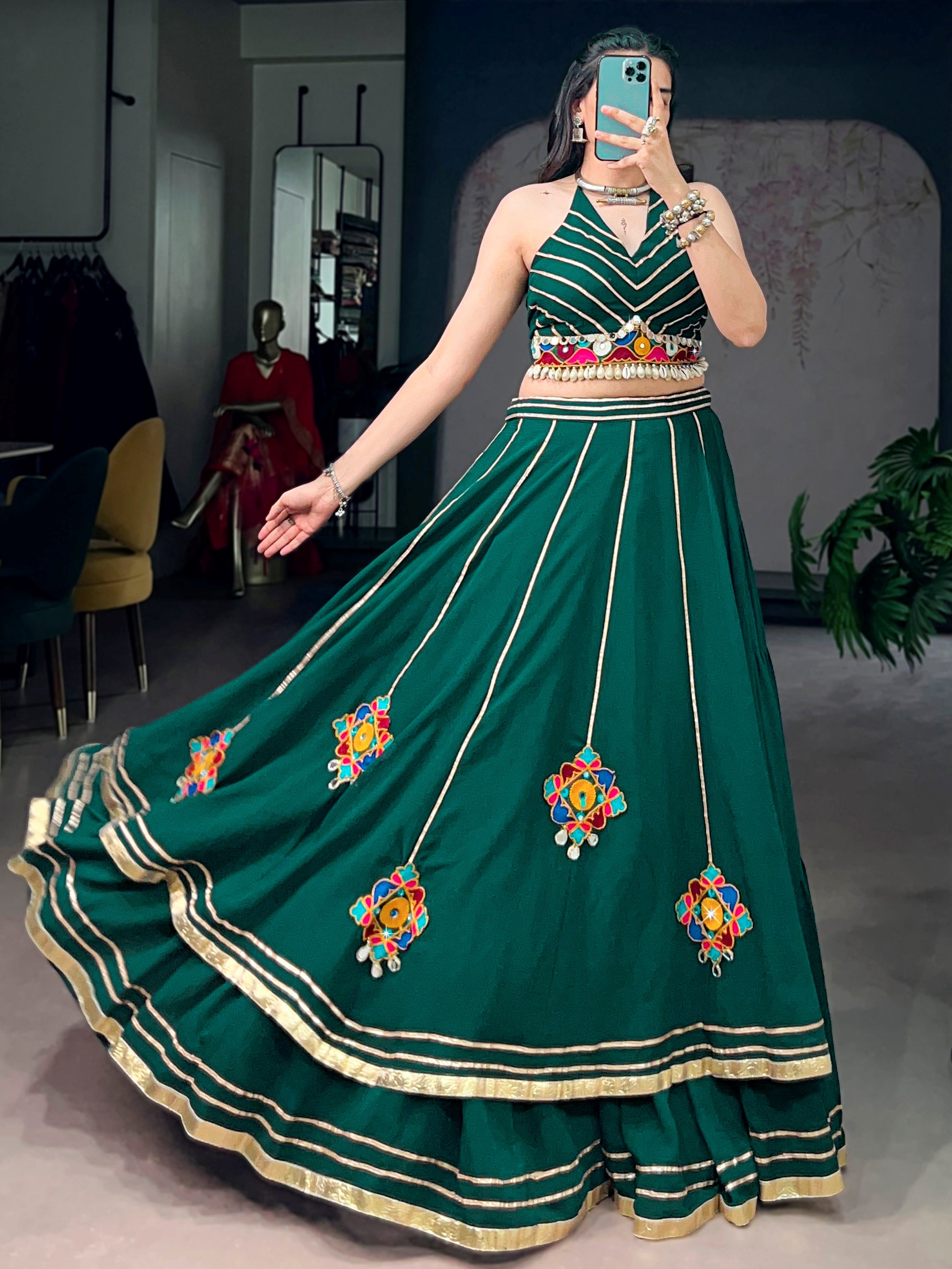 Awesome Green Gamthi Work Georgette Navratri Wear Lehenga Choli