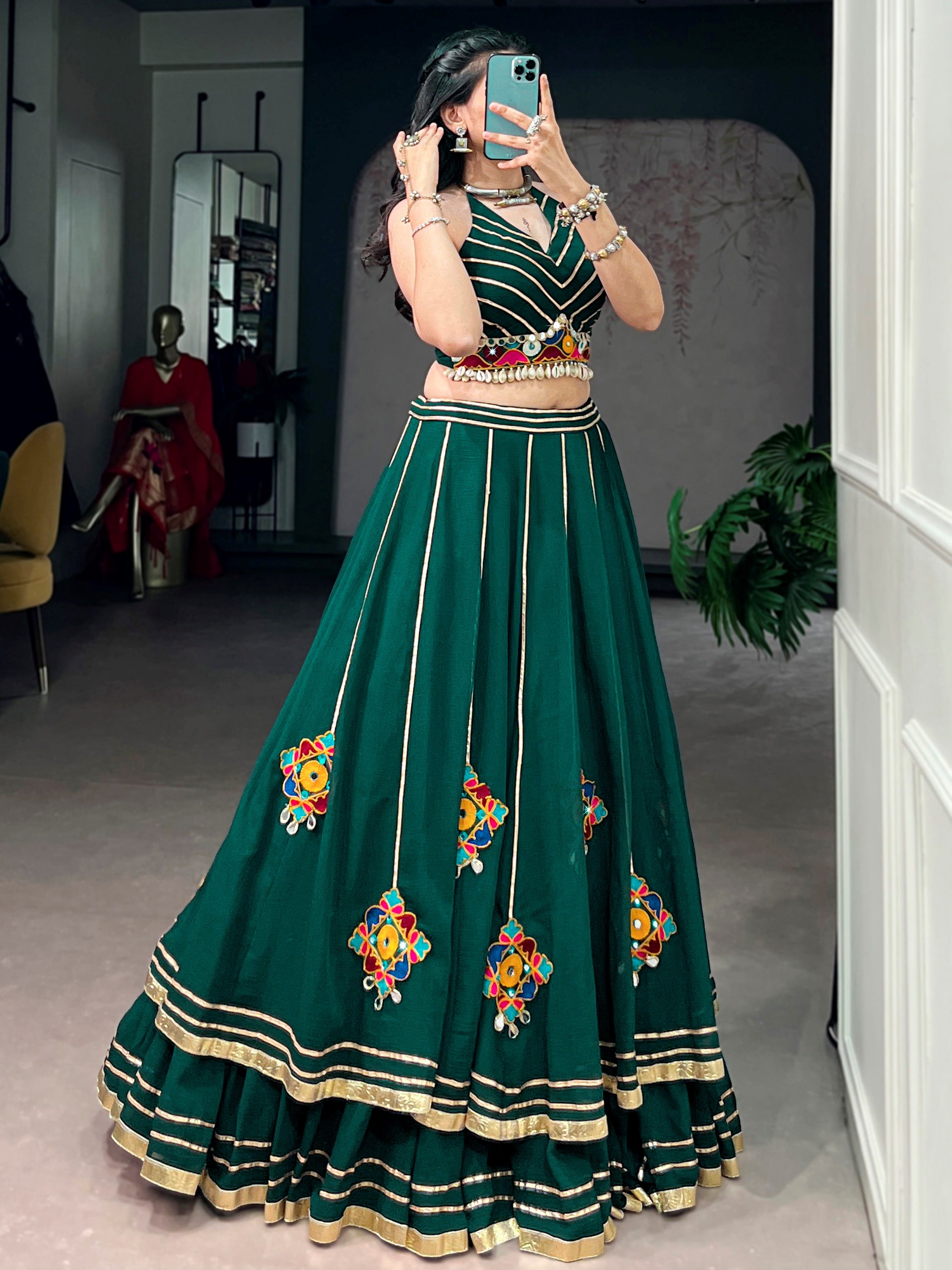 Awesome Green Gamthi Work Georgette Navratri Wear Lehenga Choli