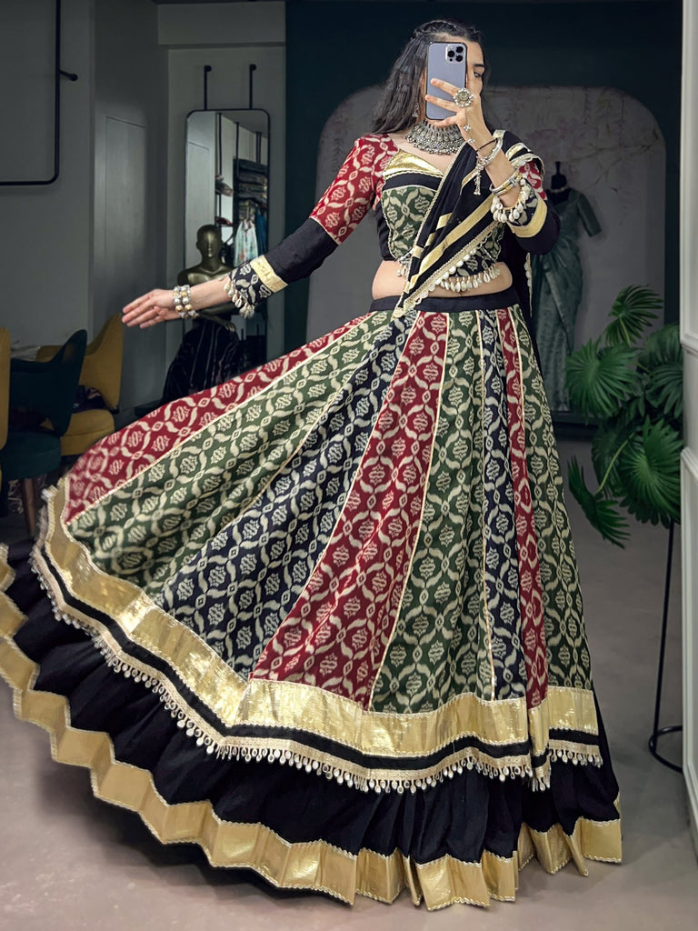 Graceful Black Printed Rayon Navratri Special Lehenga Choli With Dupatta
