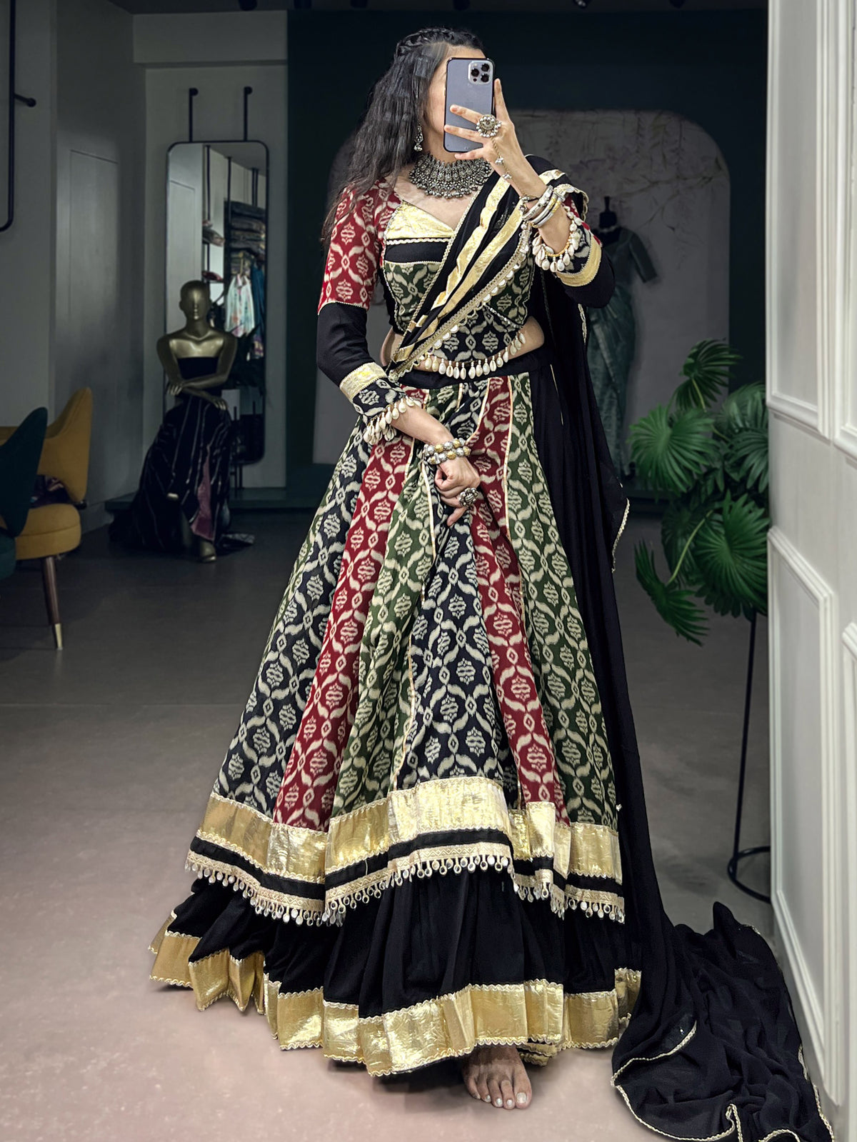 Graceful Black Printed Rayon Navratri Special Lehenga Choli With Dupatta