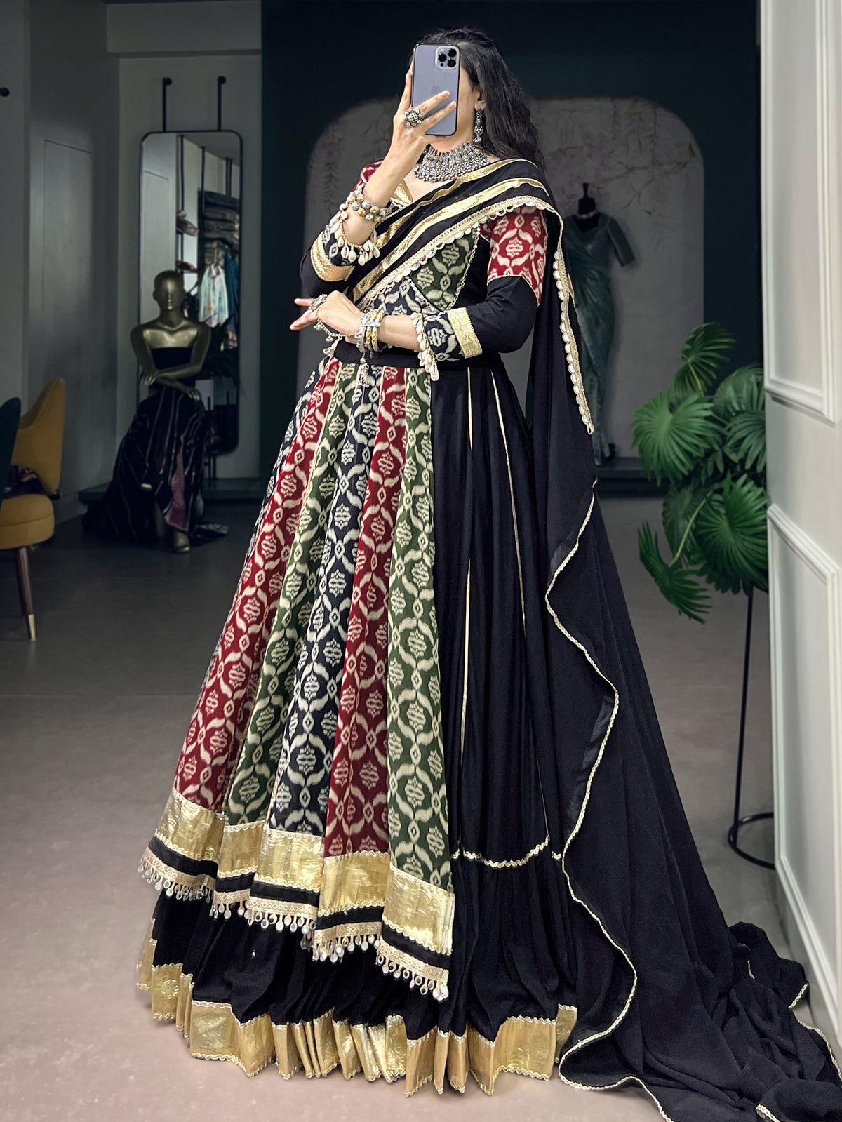 Graceful Black Printed Rayon Navratri Special Lehenga Choli With Dupatta