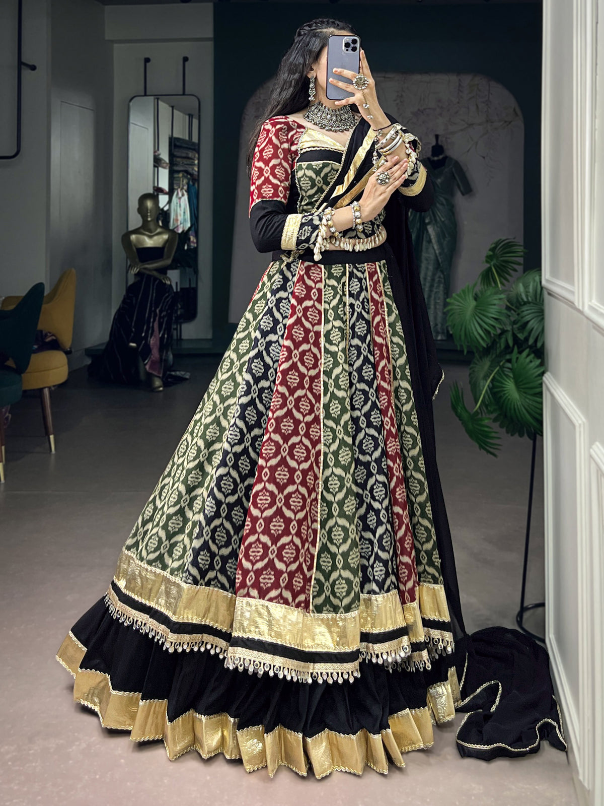 Graceful Black Printed Rayon Navratri Special Lehenga Choli With Dupatta