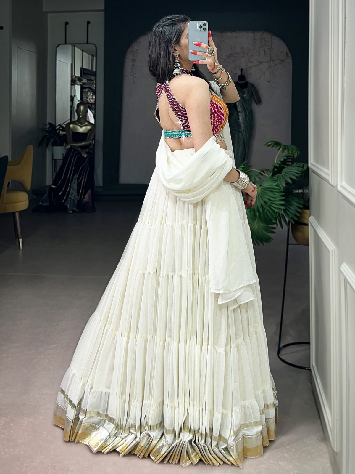 Classic White Georgette Navratri Wear Lehenga With Printed Choli