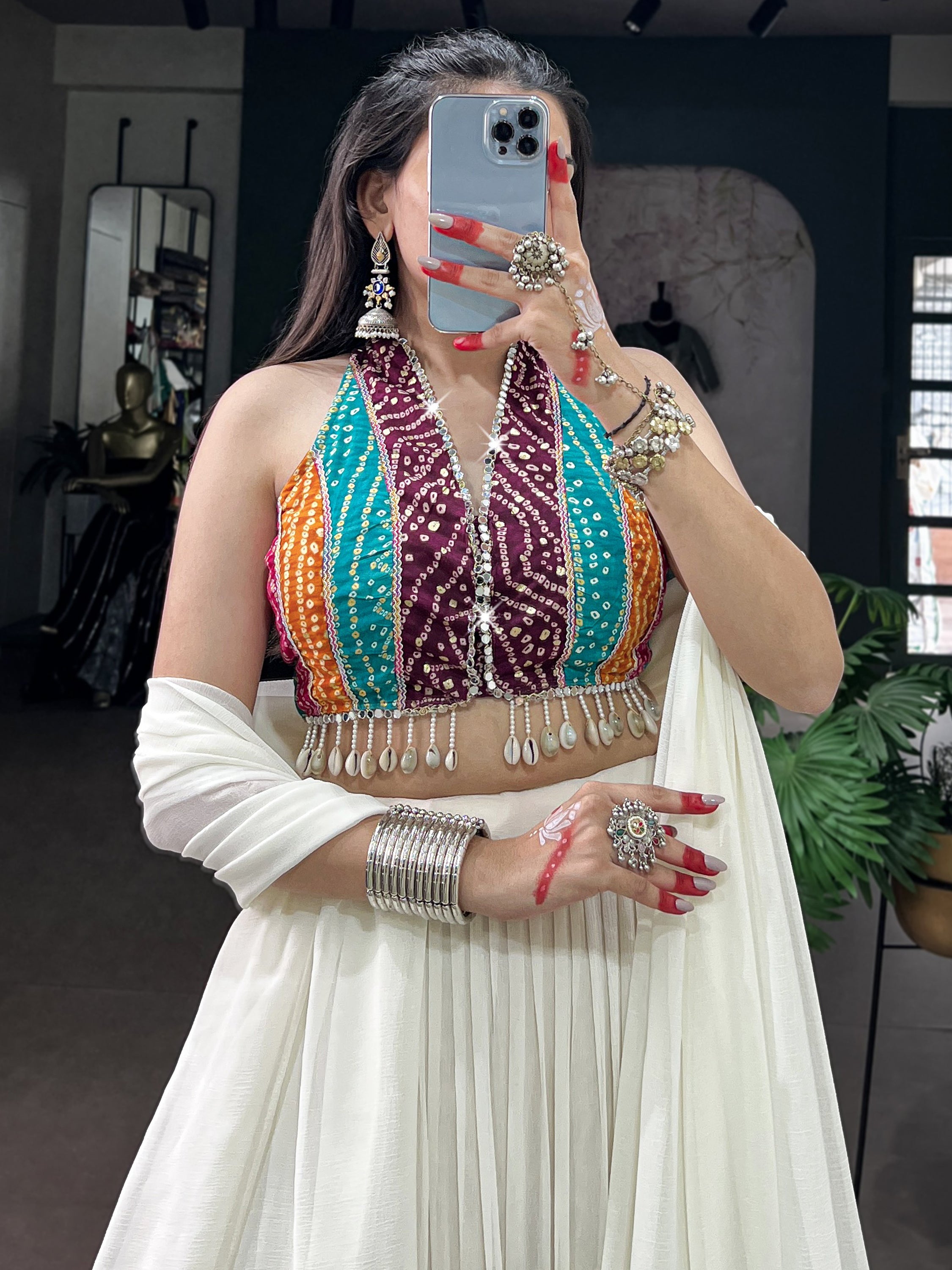 Classic White Georgette Navratri Wear Lehenga With Printed Choli