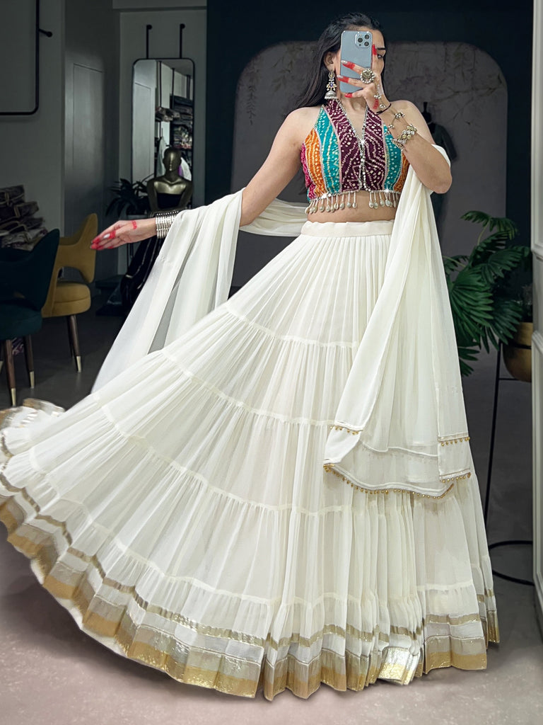 Classic White Georgette Navratri Wear Lehenga With Printed Choli