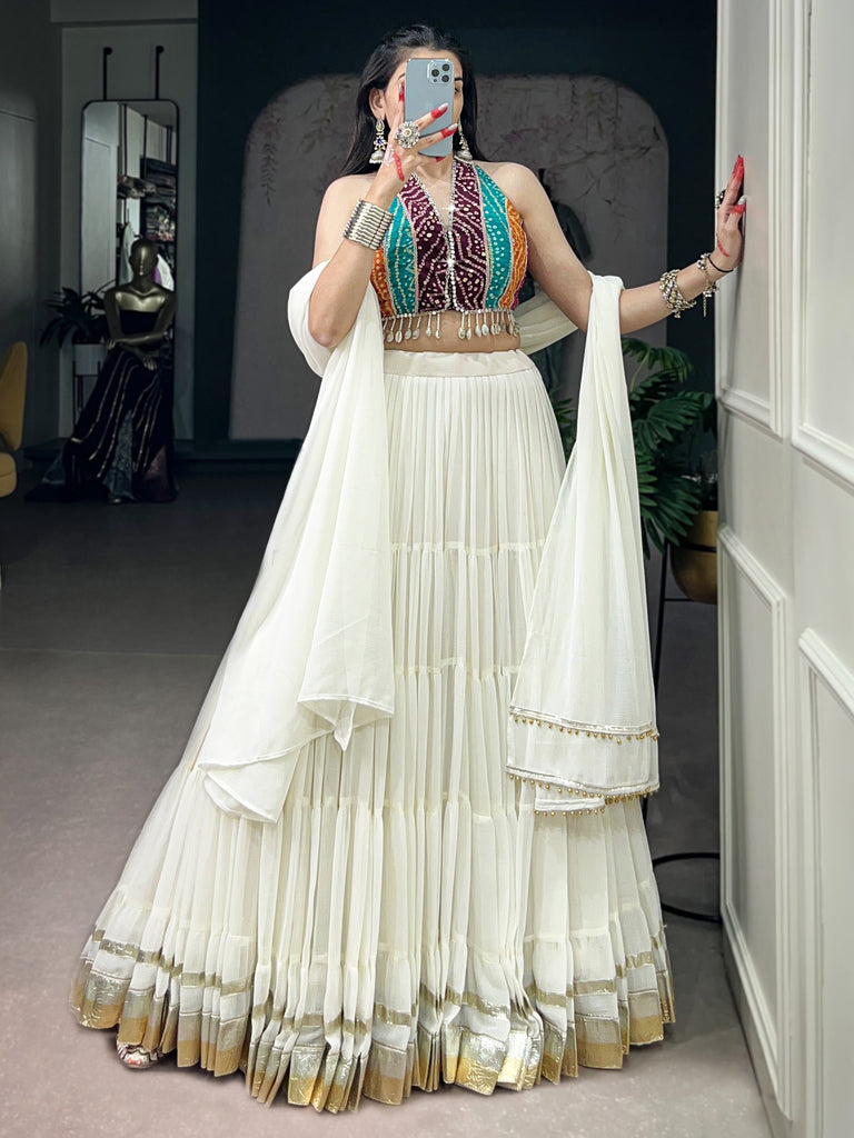 Classic White Georgette Navratri Wear Lehenga With Printed Choli