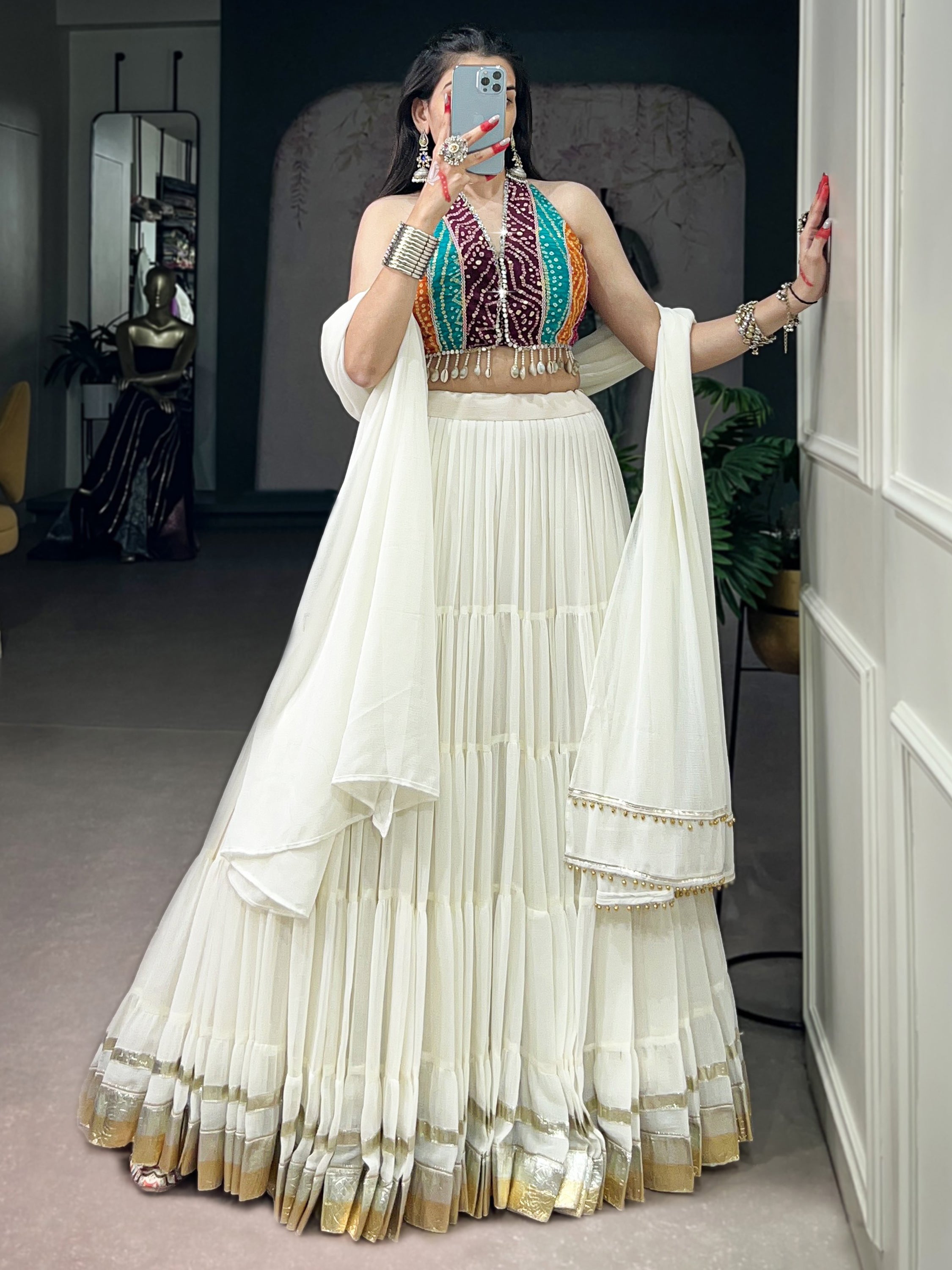 Classic White Georgette Navratri Wear Lehenga With Printed Choli