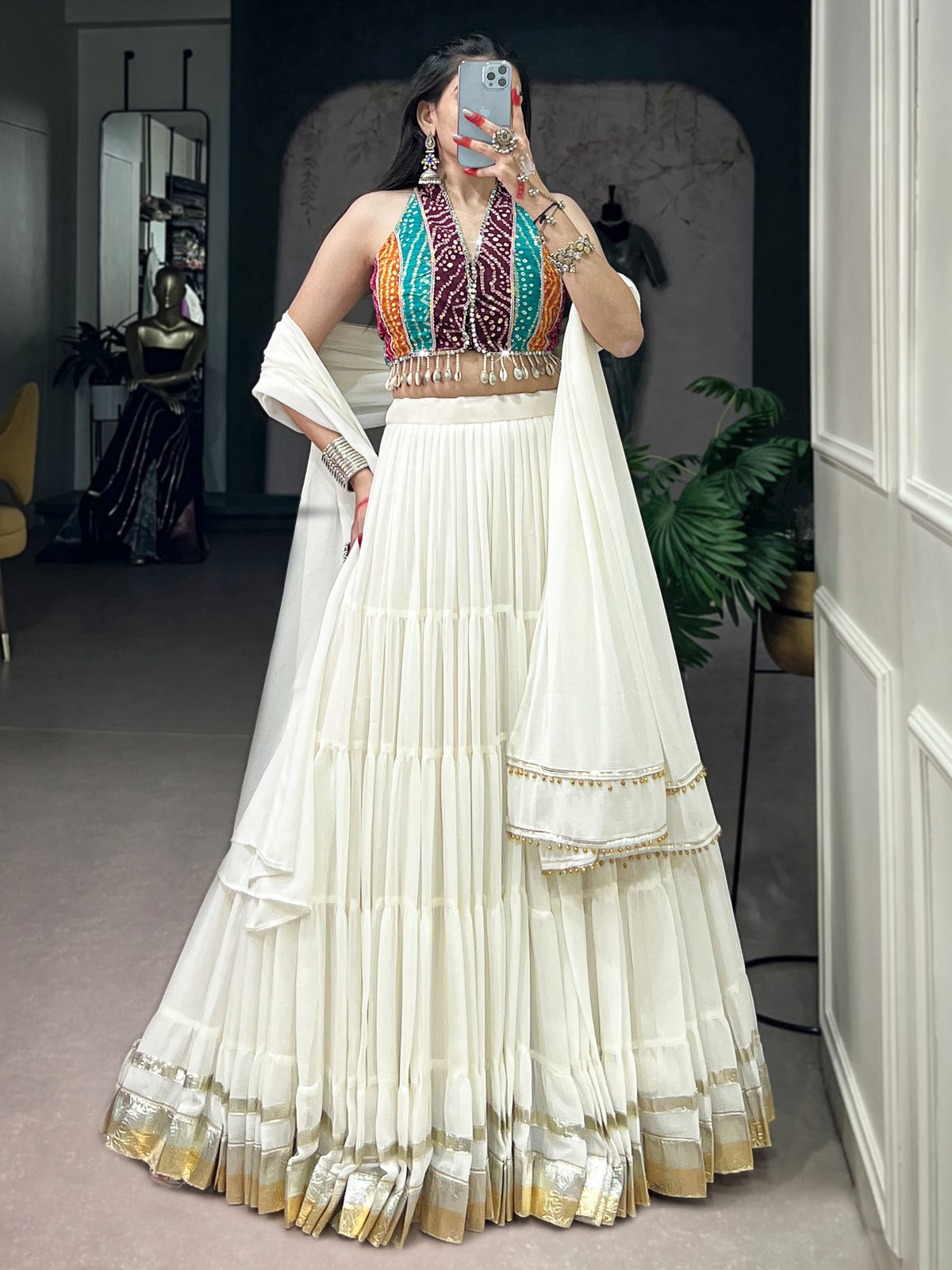 Classic White Georgette Navratri Wear Lehenga With Printed Choli