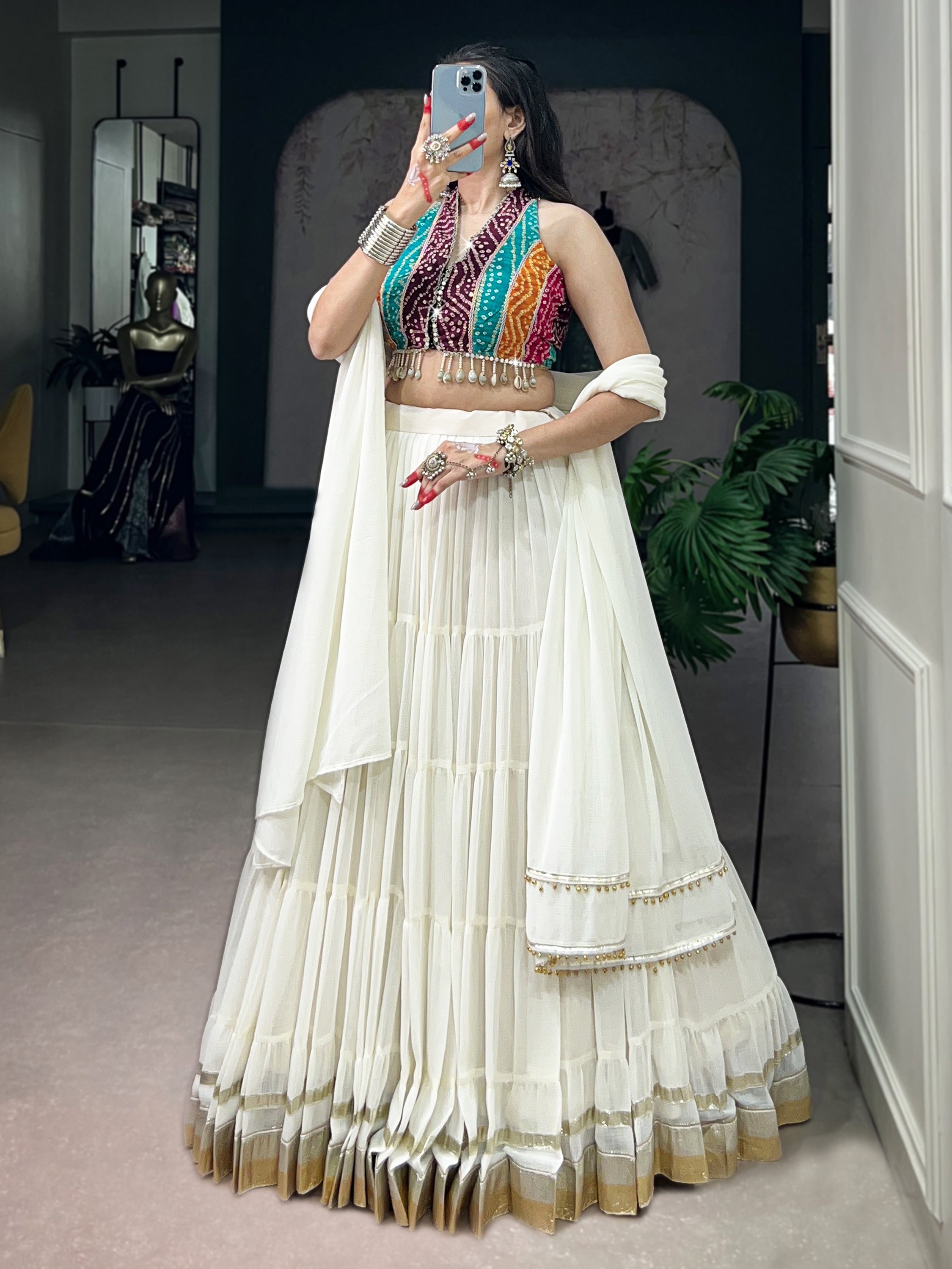 Classic White Georgette Navratri Wear Lehenga With Printed Choli