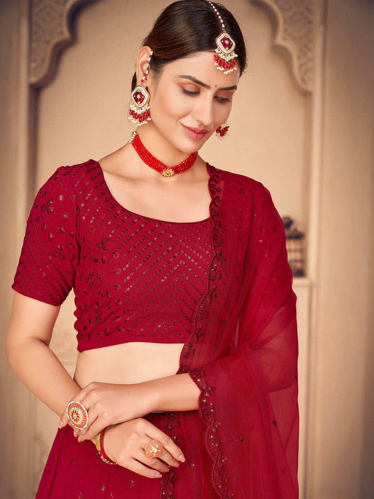 Gorgeous Red Georgette Sequins Monochrome Lehenga Choli With Dupatta