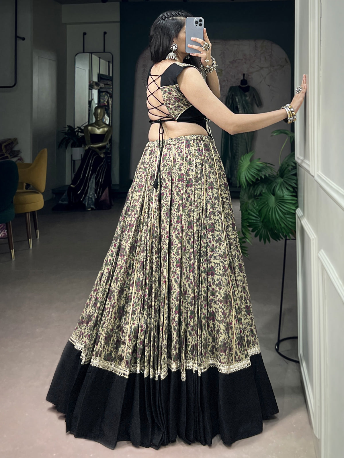 Beautiful Black Floral Printed Cotton Navratri Wear Lehenga Choli