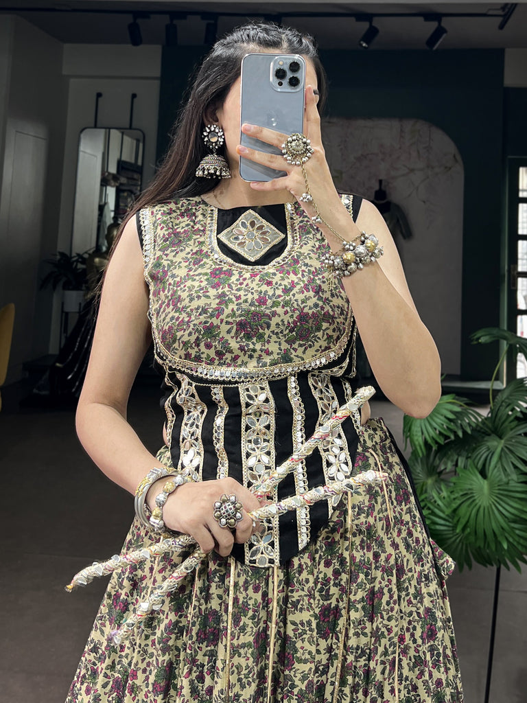 Beautiful Black Floral Printed Cotton Navratri Wear Lehenga Choli