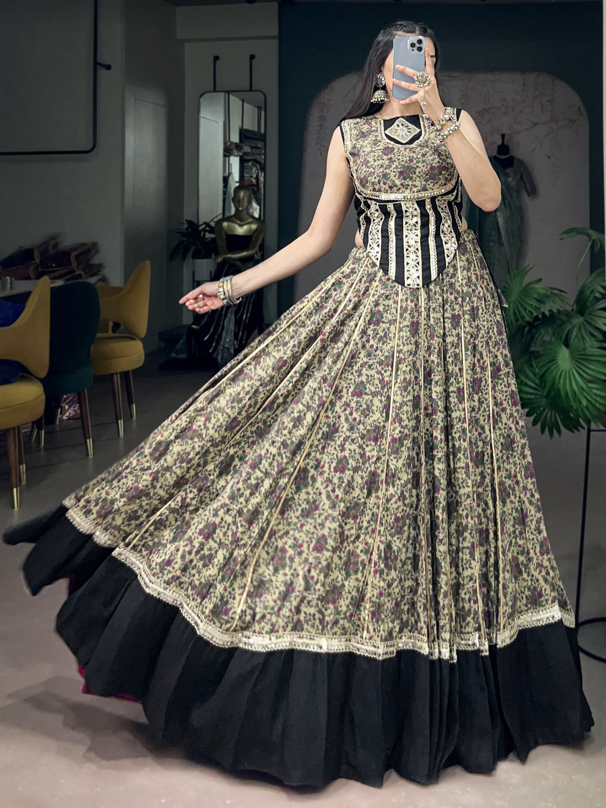 Beautiful Black Floral Printed Cotton Navratri Wear Lehenga Choli