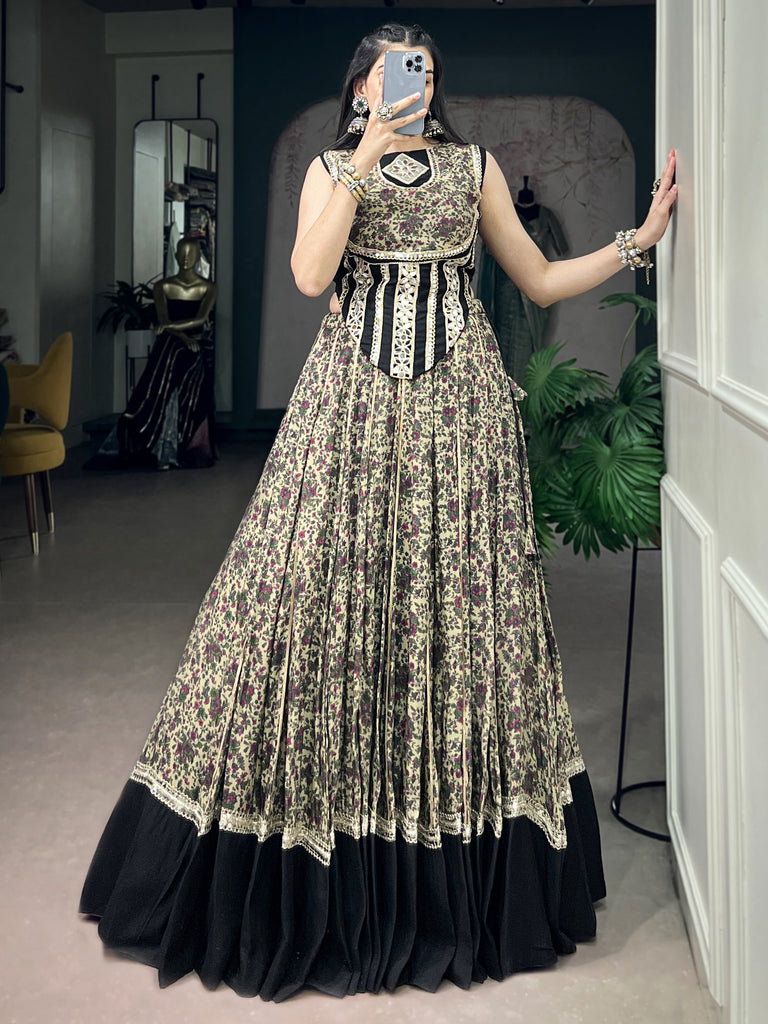 Beautiful Black Floral Printed Cotton Navratri Wear Lehenga Choli