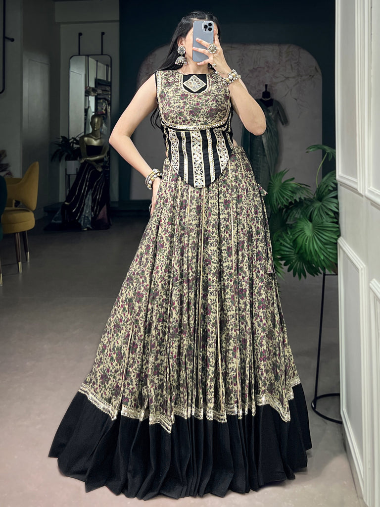 Beautiful Black Floral Printed Cotton Navratri Wear Lehenga Choli