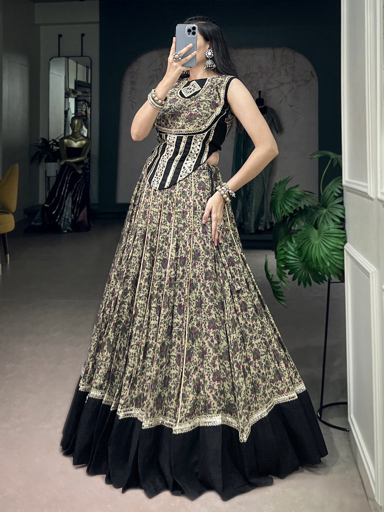 Beautiful Black Floral Printed Cotton Navratri Wear Lehenga Choli