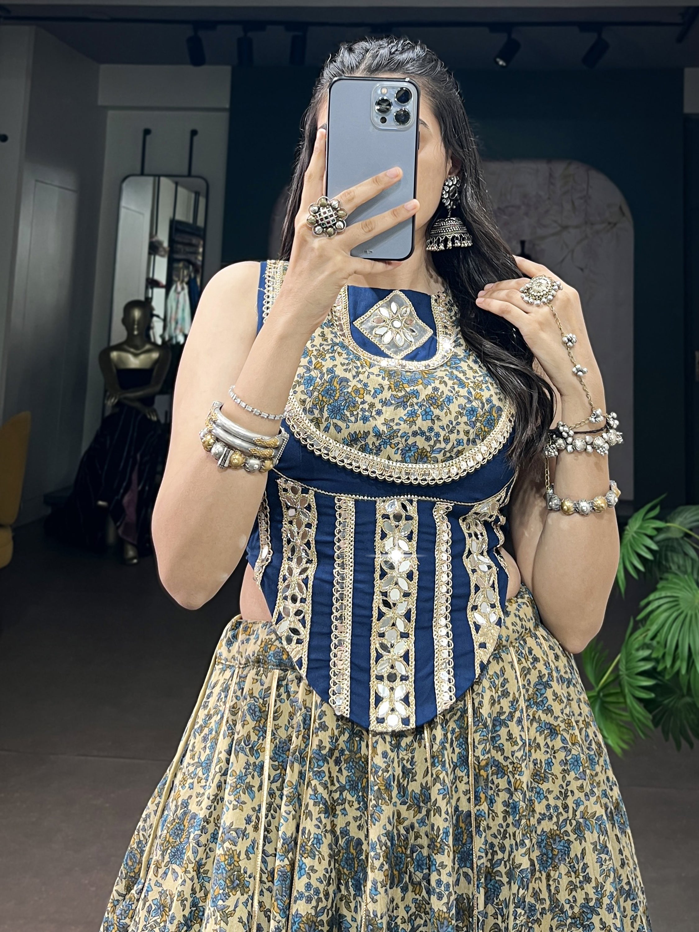 Super Navy Blue Mirror Laced Cotton Navratri Special Lehenga With Blouse