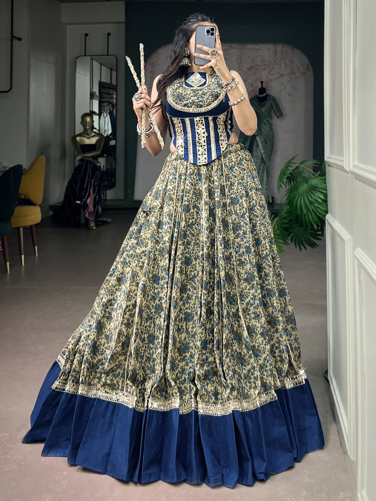 Super Navy Blue Mirror Laced Cotton Navratri Special Lehenga With Blouse
