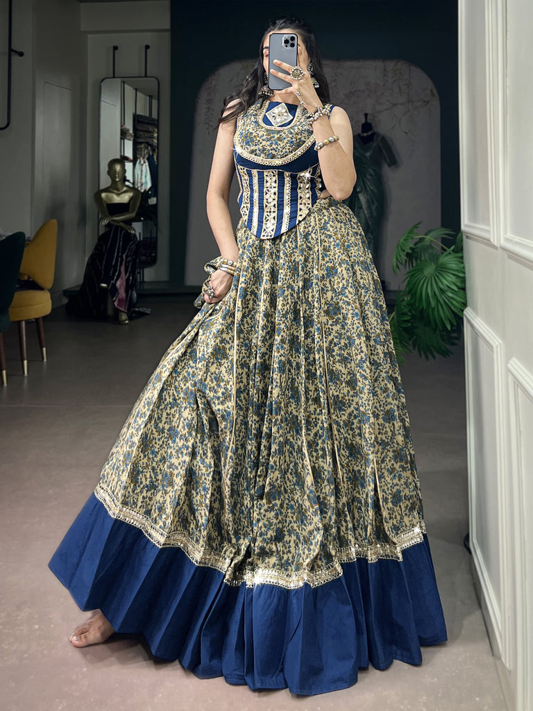 Super Navy Blue Mirror Laced Cotton Navratri Special Lehenga With Blouse