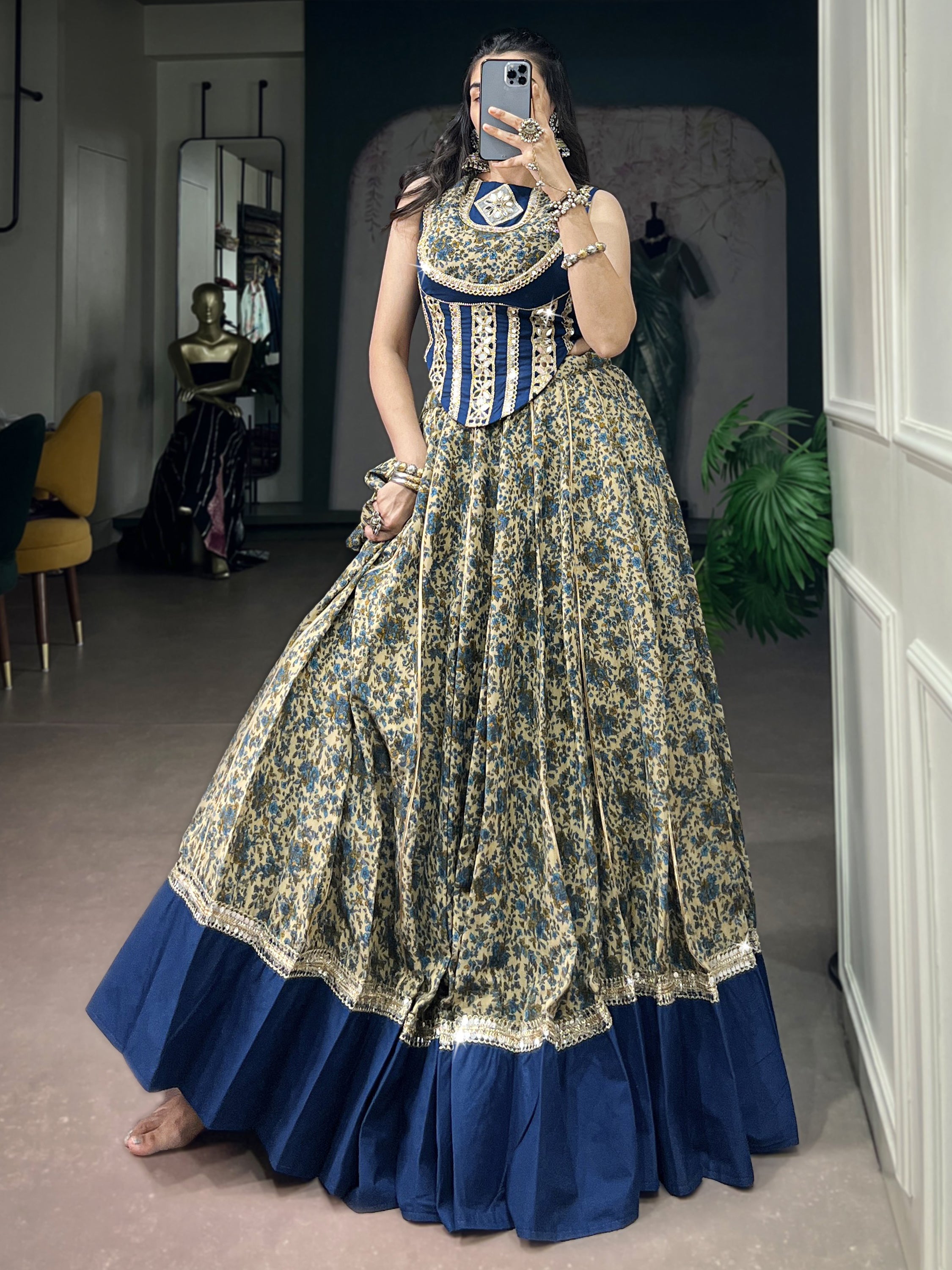 Super Navy Blue Mirror Laced Cotton Navratri Special Lehenga With Blouse