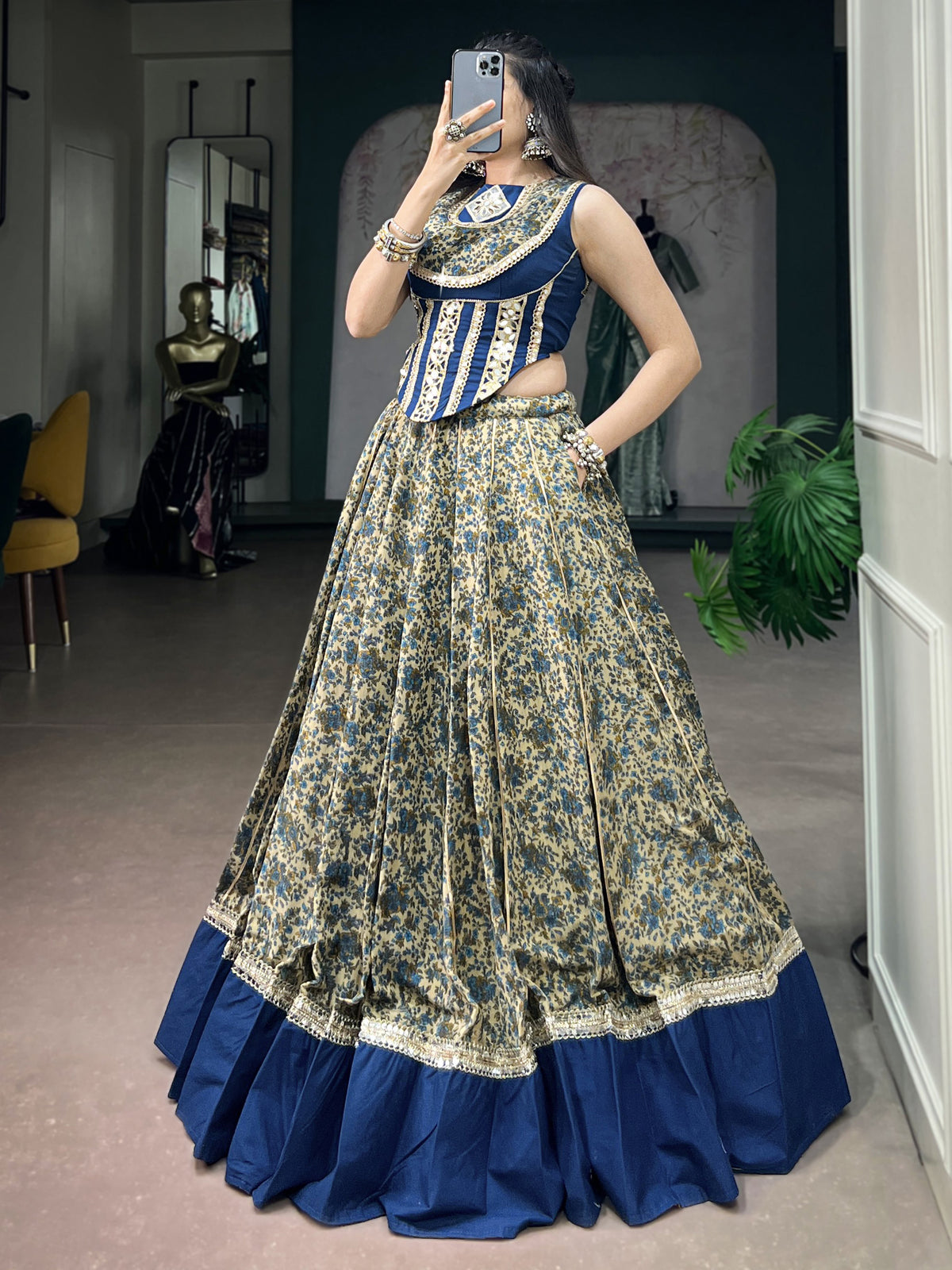 Super Navy Blue Mirror Laced Cotton Navratri Special Lehenga With Blouse