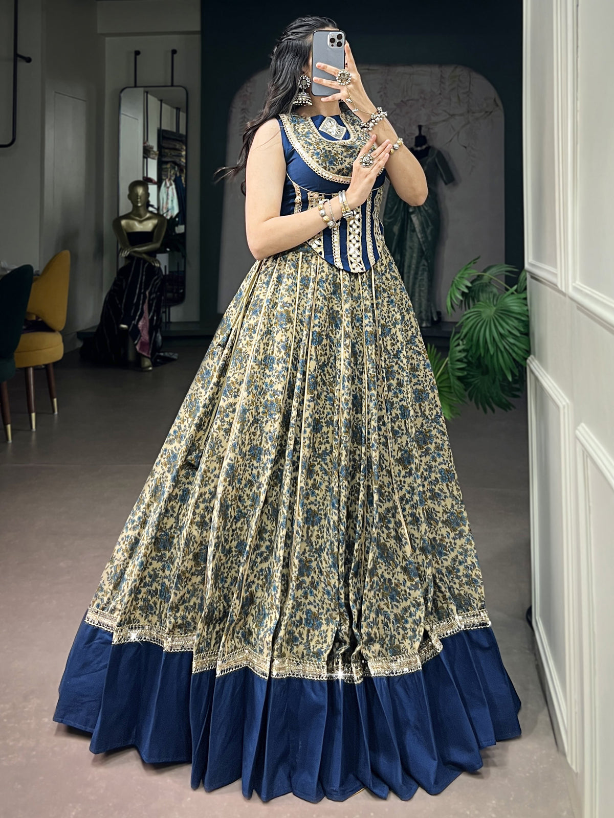 Super Navy Blue Mirror Laced Cotton Navratri Special Lehenga With Blouse