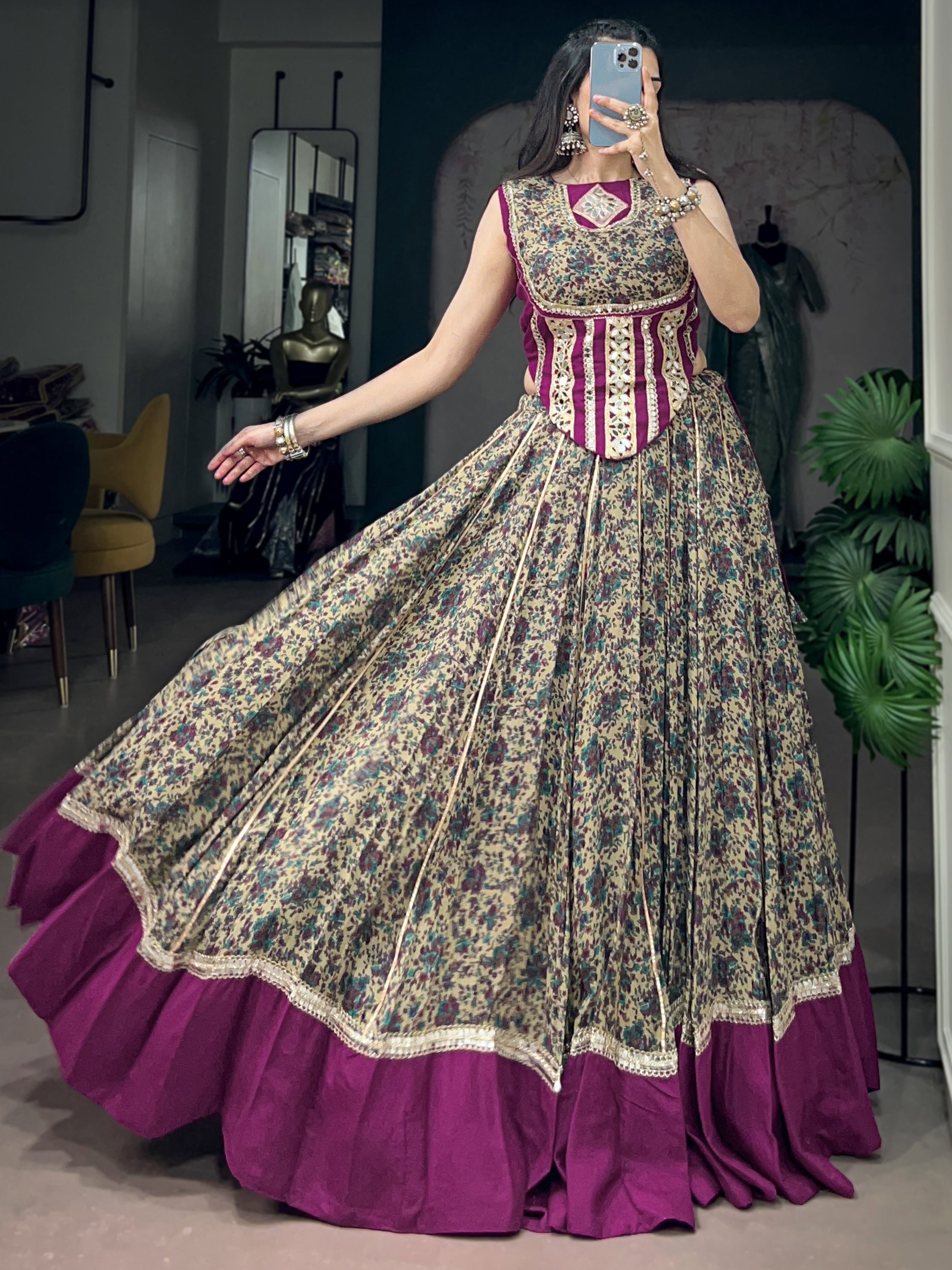 Noteworthy Wine Mirror Laced Cotton Navratri Special Lehenga Choli