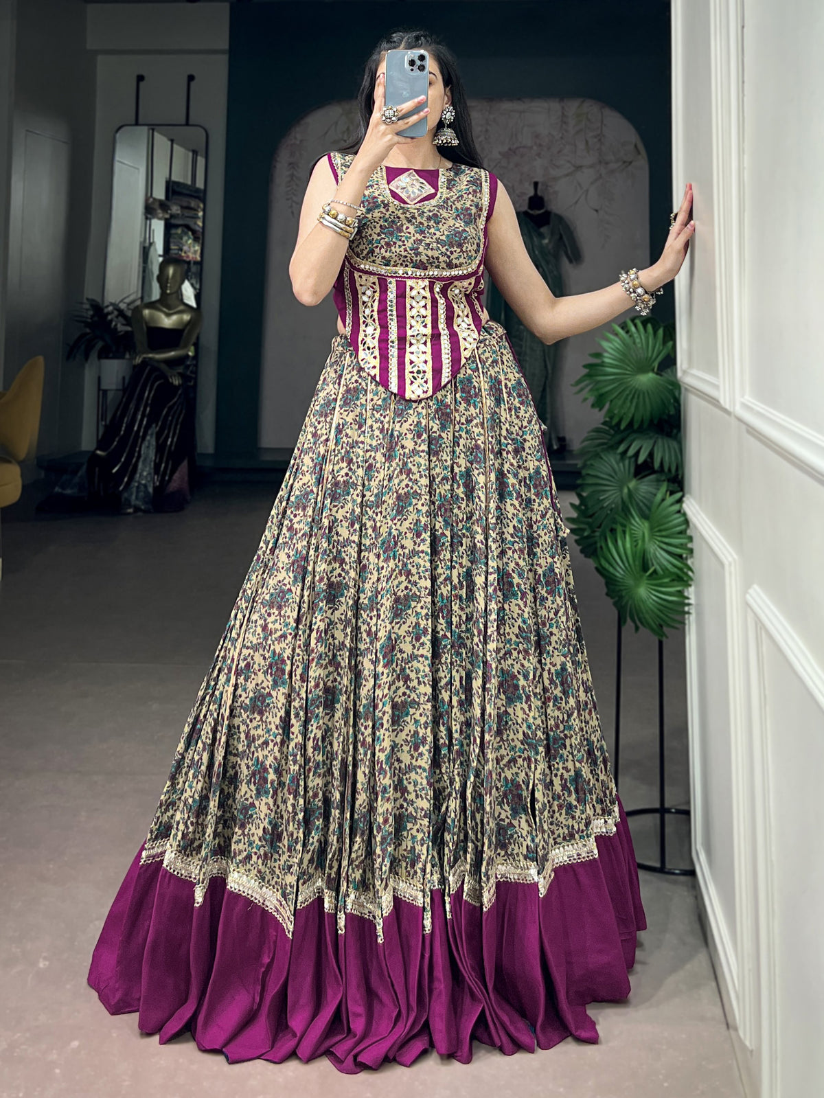 Noteworthy Wine Mirror Laced Cotton Navratri Special Lehenga Choli