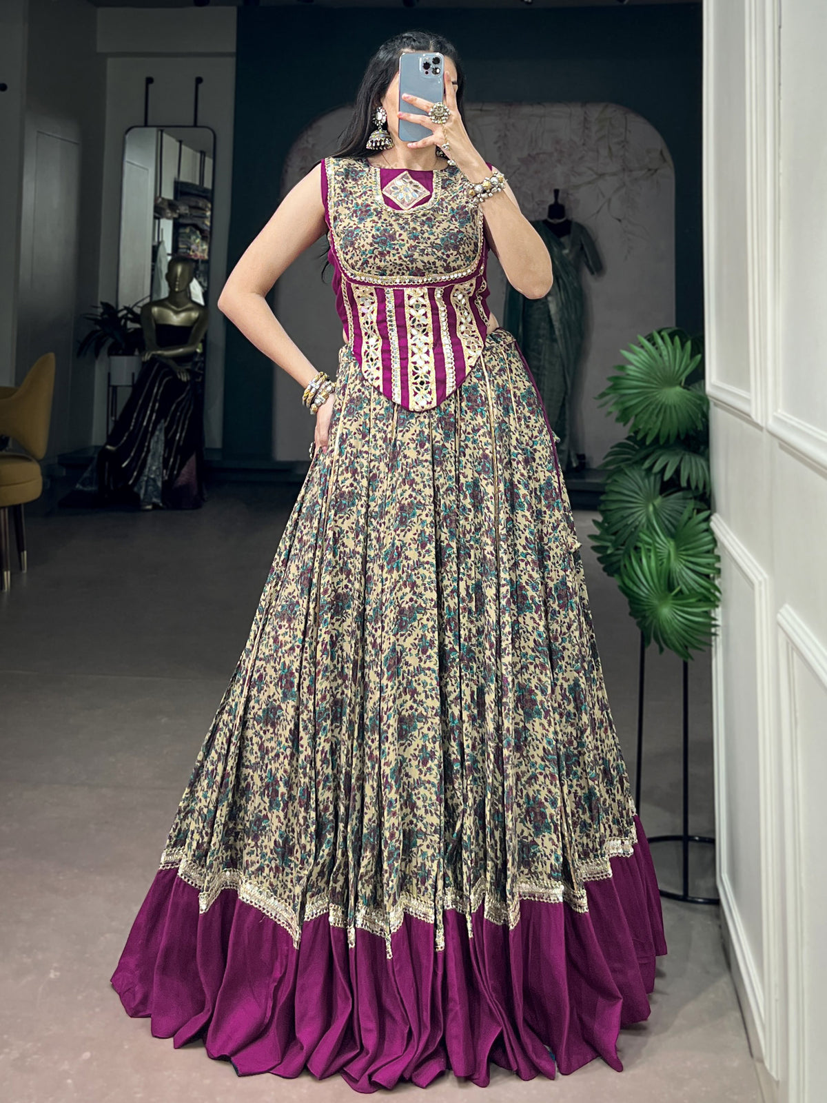 Noteworthy Wine Mirror Laced Cotton Navratri Special Lehenga Choli