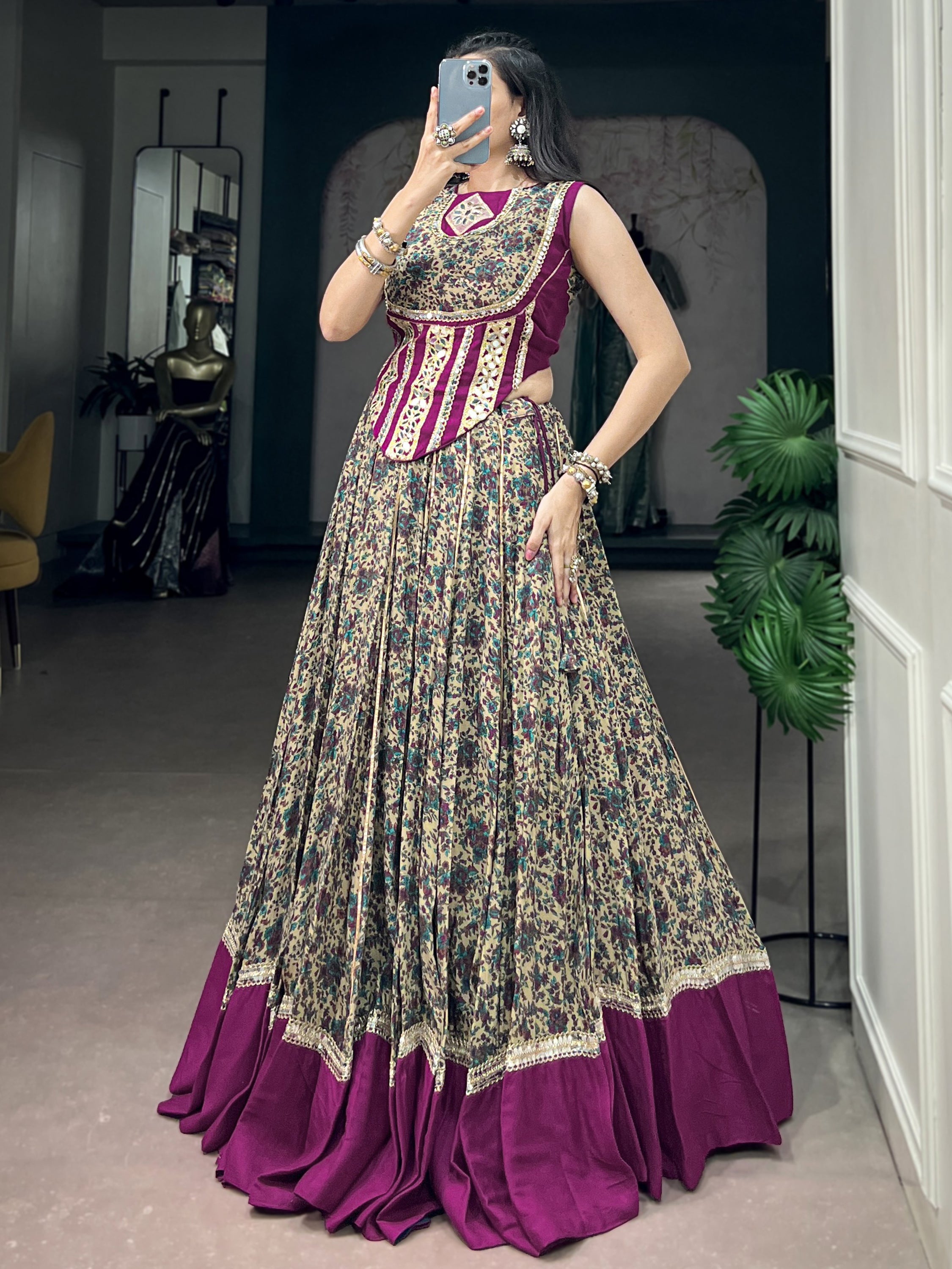 Noteworthy Wine Mirror Laced Cotton Navratri Special Lehenga Choli