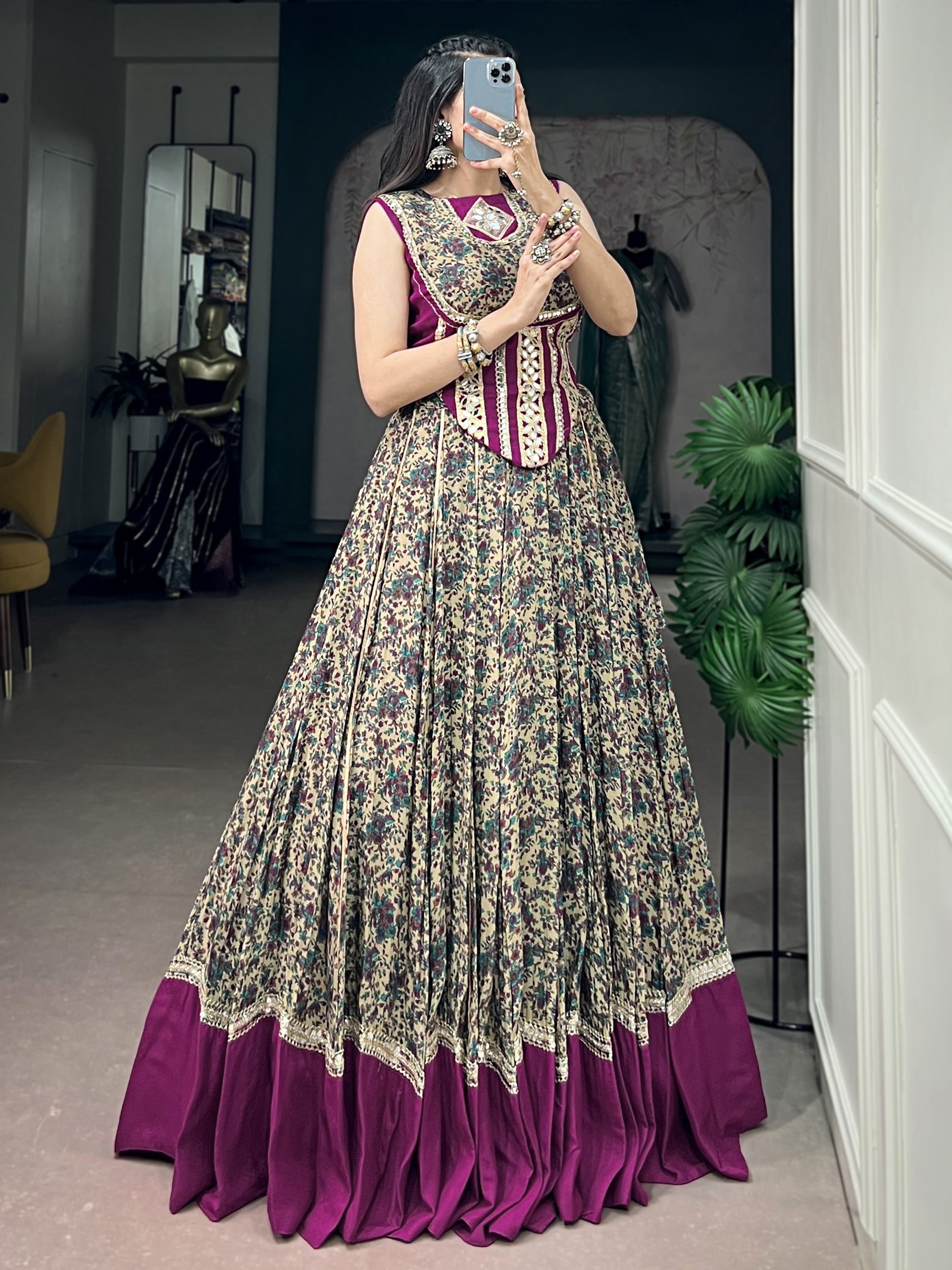 Noteworthy Wine Mirror Laced Cotton Navratri Special Lehenga Choli