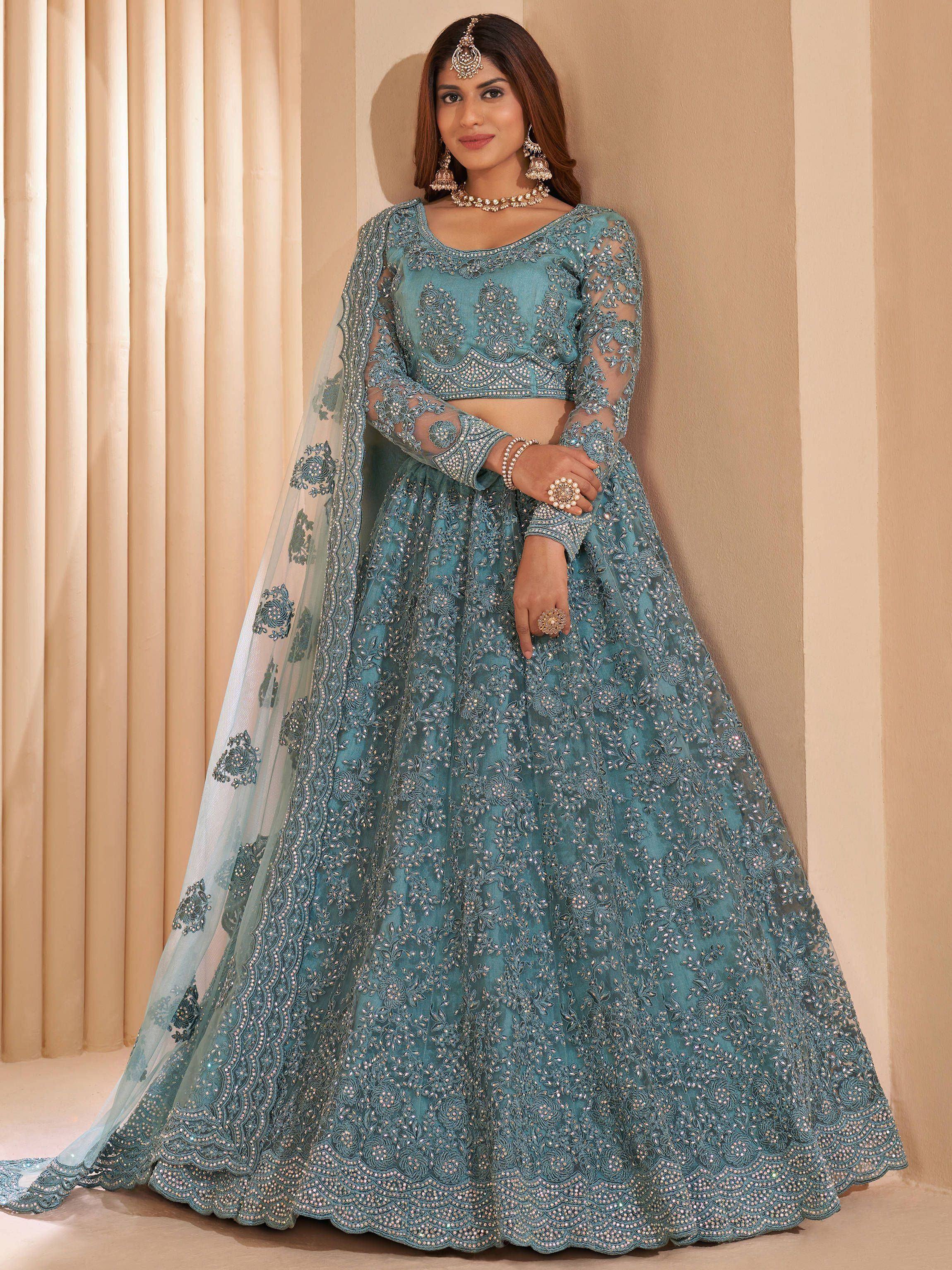 Teal blue embroidered lehenga choli with sheer sleeves and dupatta, Indian ethnic wear for weddings