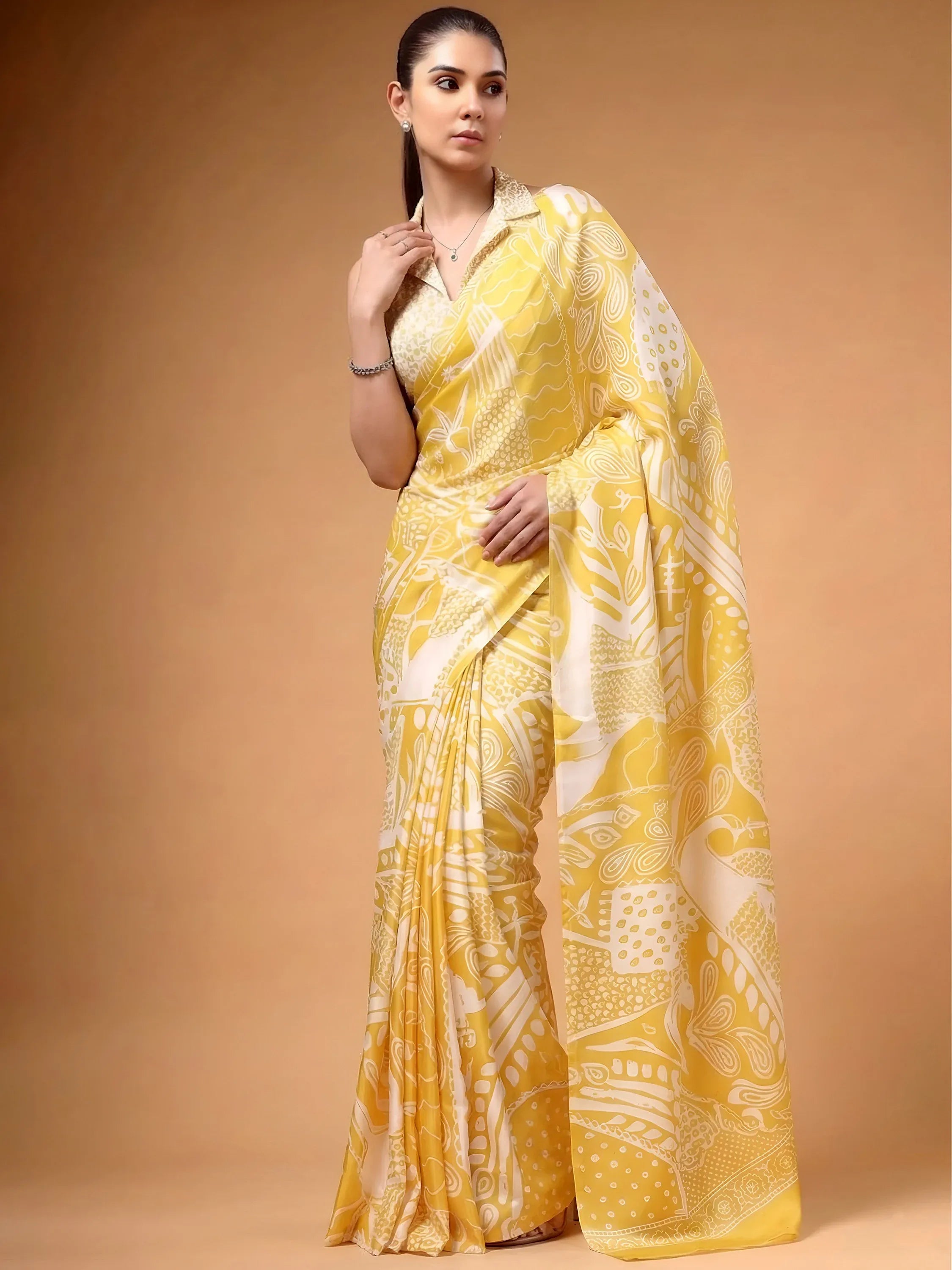 Enchanting Yellow Printed Satin Haldi Wear Saree With Blouse