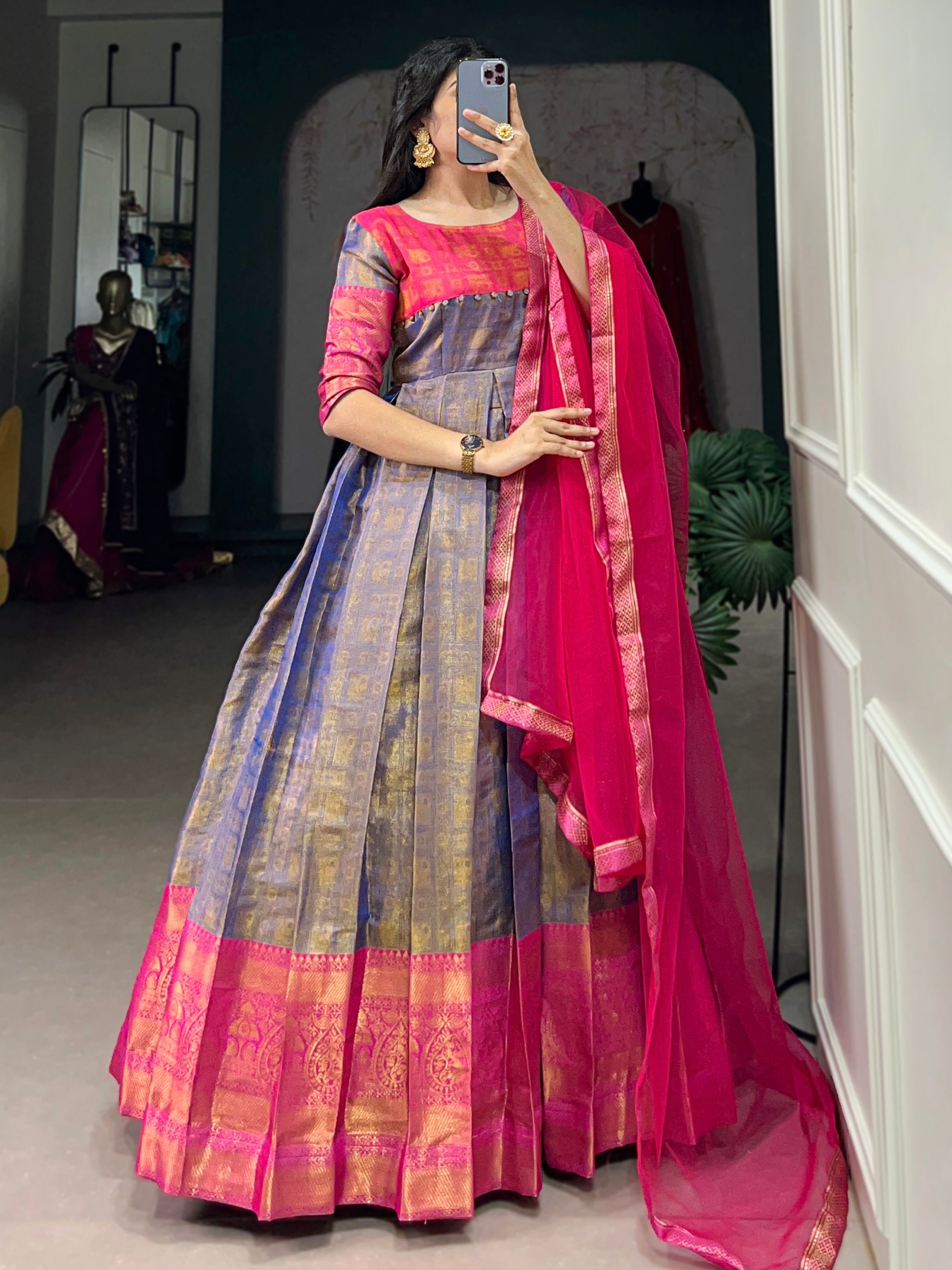 Timeless Blue Zari Weaving Silk Festive Wear Gown With Dupatta
